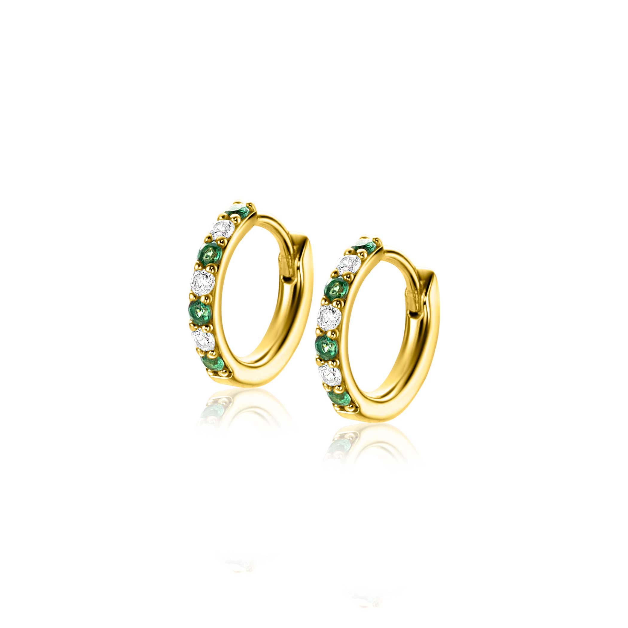 12mm ZINZI Gold Plated Sterling Silver Hoop Earrings Round White Zirconias and Green Color Stones width tube 2mm ZIO2557