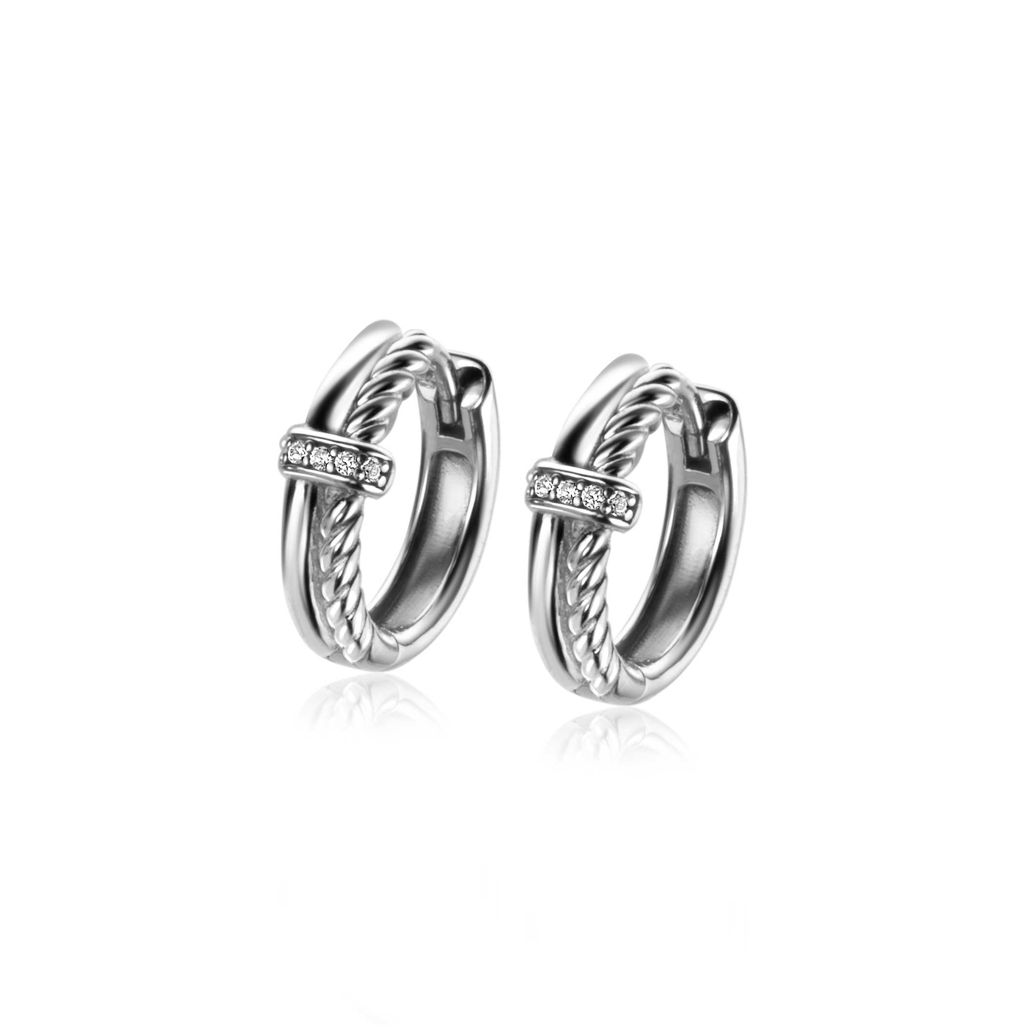 14mm ZINZI Sterling Silver Multi-look Hoop Earrings Smooth Twisted Tube With White Zirconias ZIO2324