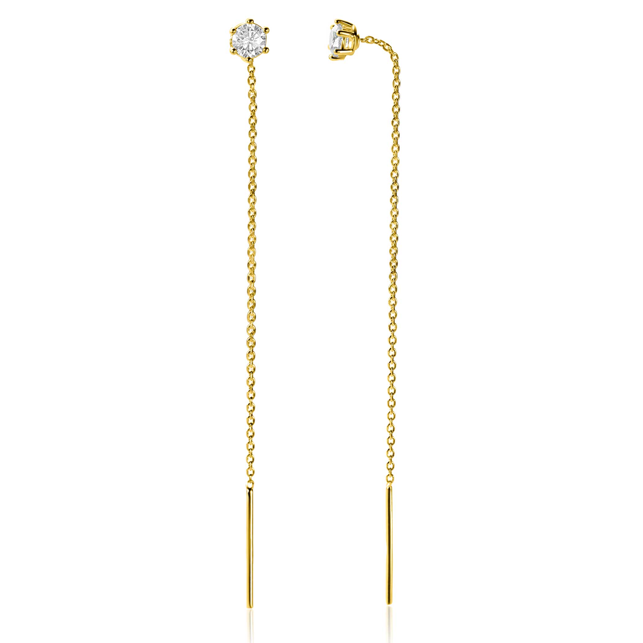 80mm ZINZI gold plated silver threader earrings with 5mm white zirconia chaton setting and graceful chain ZIO2576Y
