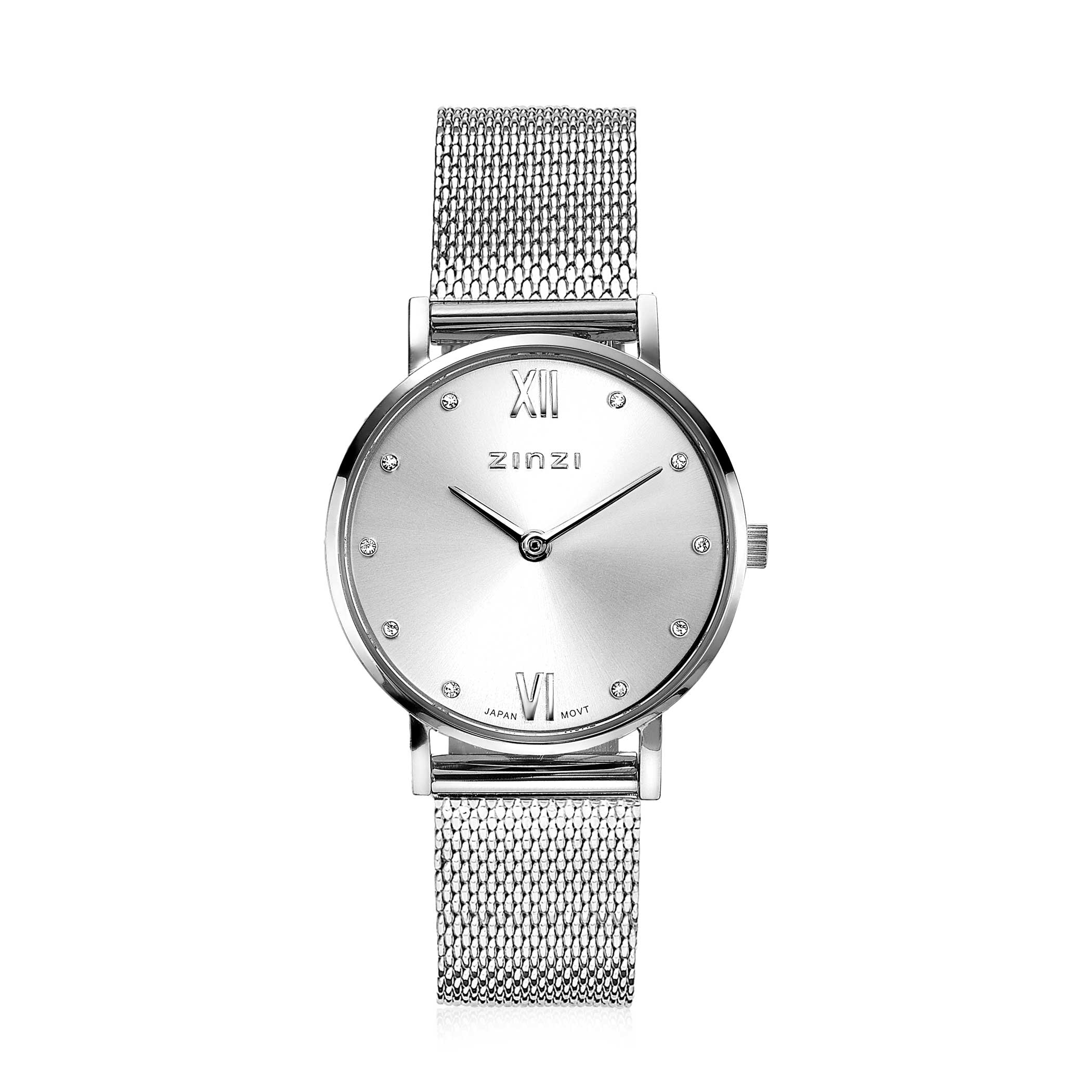 ZINZI Lady Crystal Watch 28mm Silver Colored Dial with White Crystals Stainless Steel Case and Mesh Strap ZIW628M