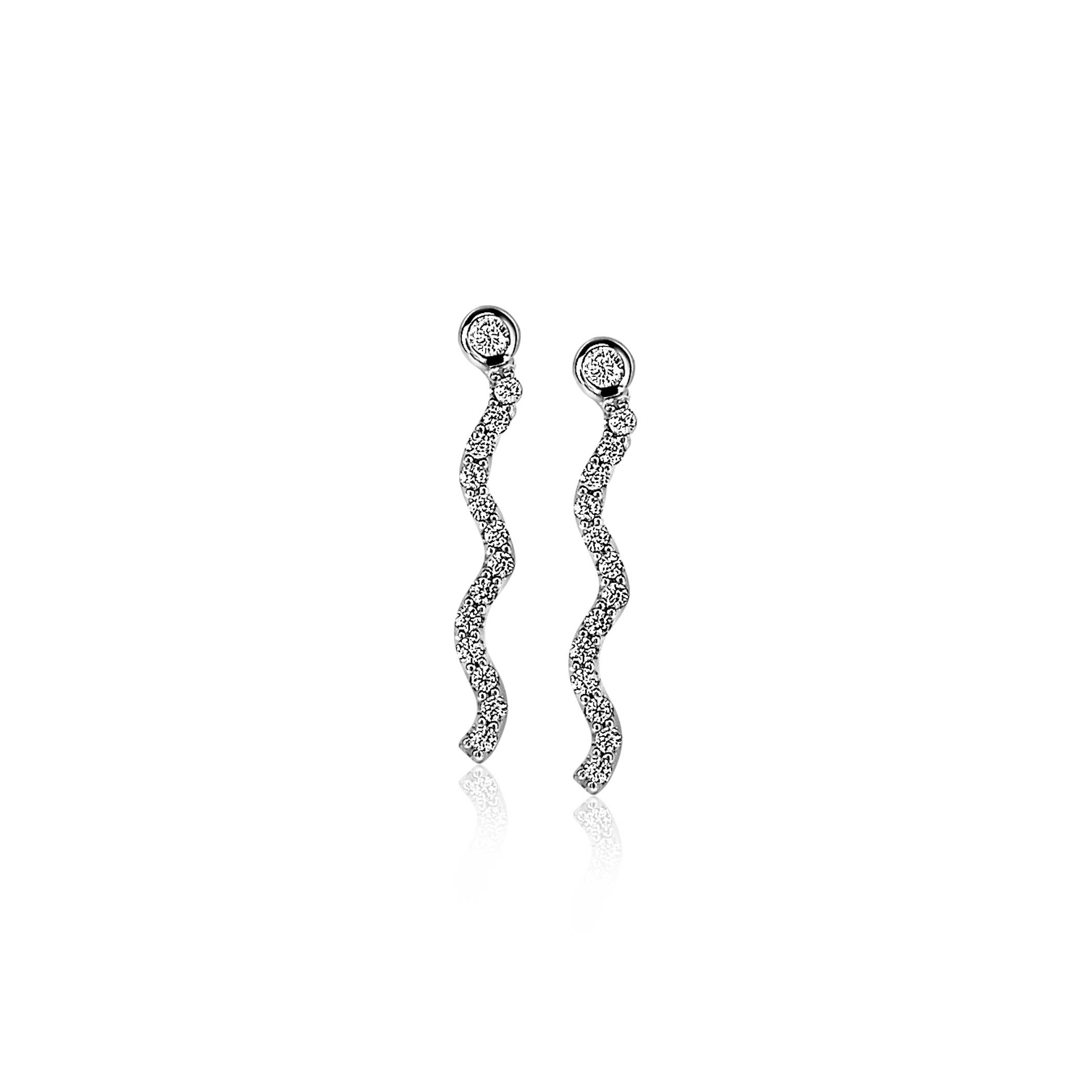 22mm ZINZI Sterling Silver Stud Earrings Wavy Bar White Zirconias ZIO2014