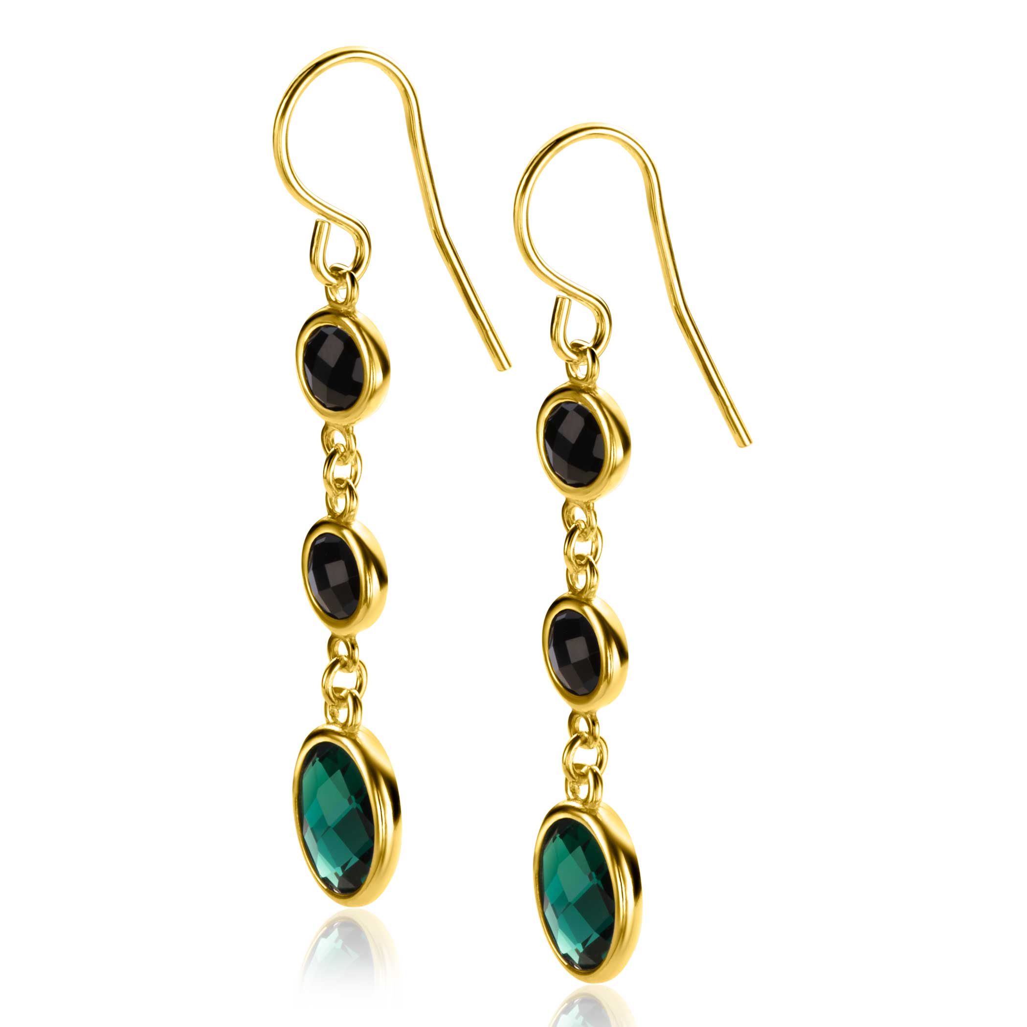 50mm ZINZI Gold Plated Sterling Silver Long Drop Earrings Set with 2 Round Black Zirconias and a Larger Oval Green Color Stone ZIO2389