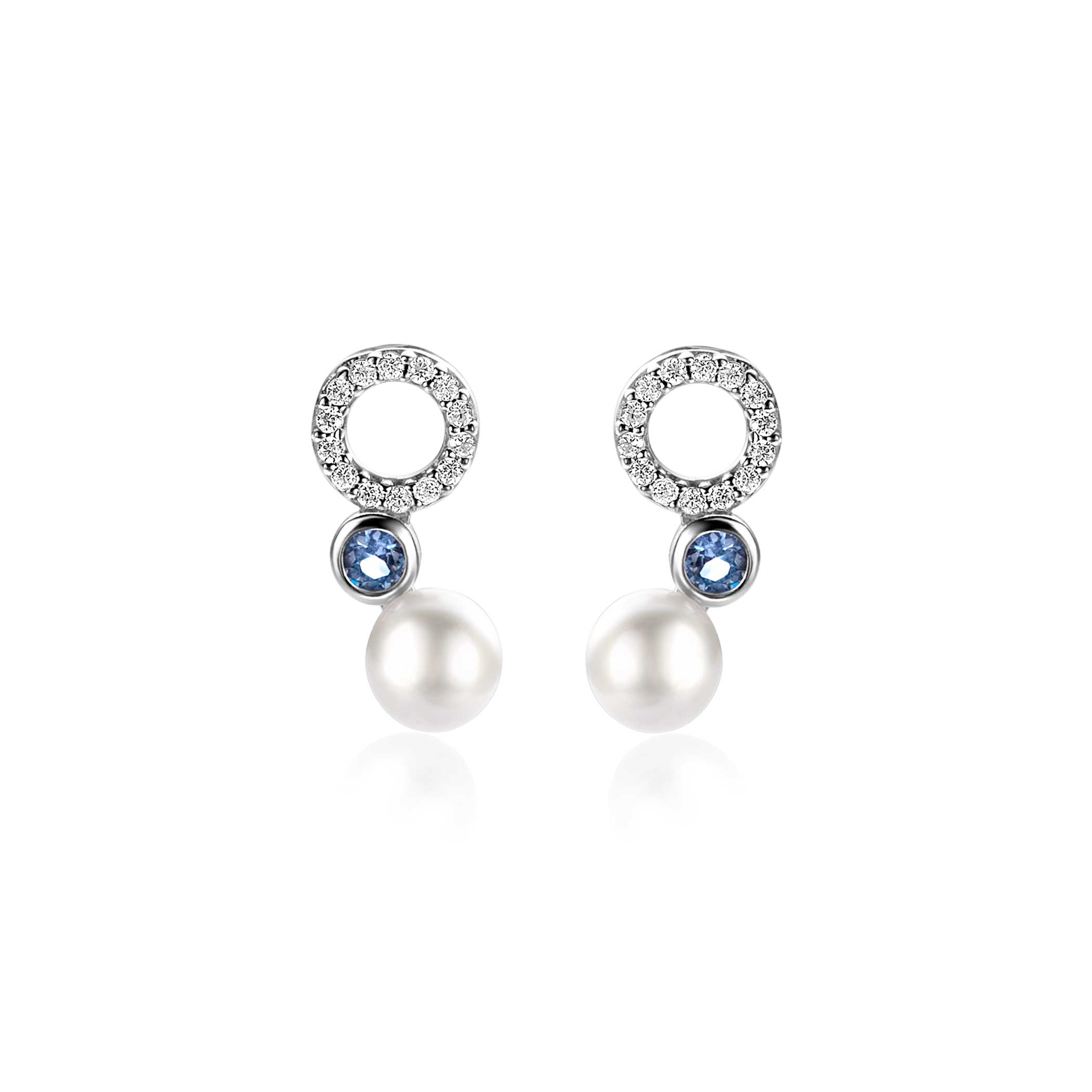 15mm ZINZI Sterling Silver Stud Earrings with White Pearl, Round Light Blue Color Stone and Open Circle White Zirconias ZIO2442