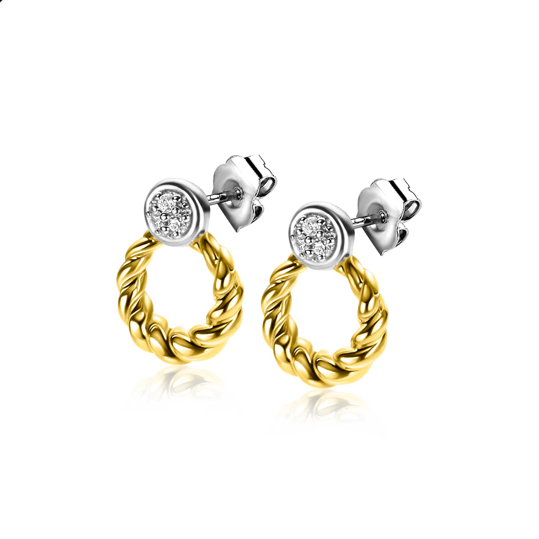 12mm ZINZI Bicolor Sterling Silver Round Stud Earrings Open Circle Twisted Design and White Zirconias ZIO2390Y