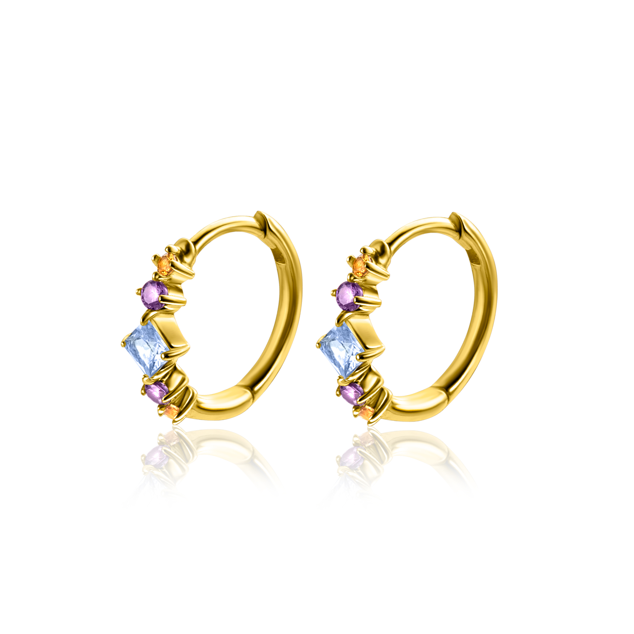15mm ZINZI Gold Plated Sterling Silver Hoop Earrings with Blue, Purple and Champagne Color Stones in Diamond Shape 15x2mm ZIO2443