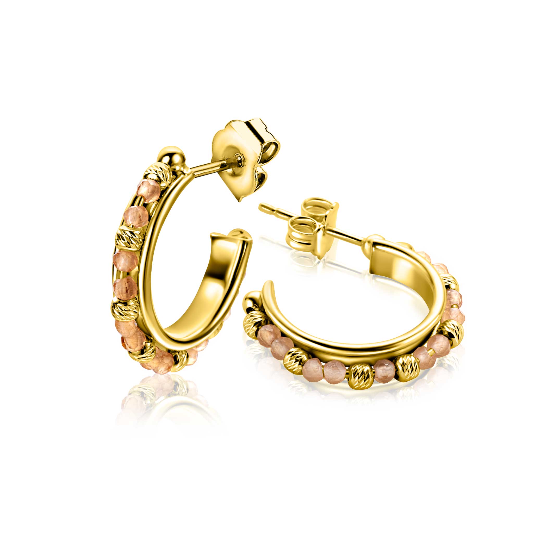 20mm ZINZI gold-plated silver stud earrings with round champagne beads and detailed spheres, ZIO-BF128