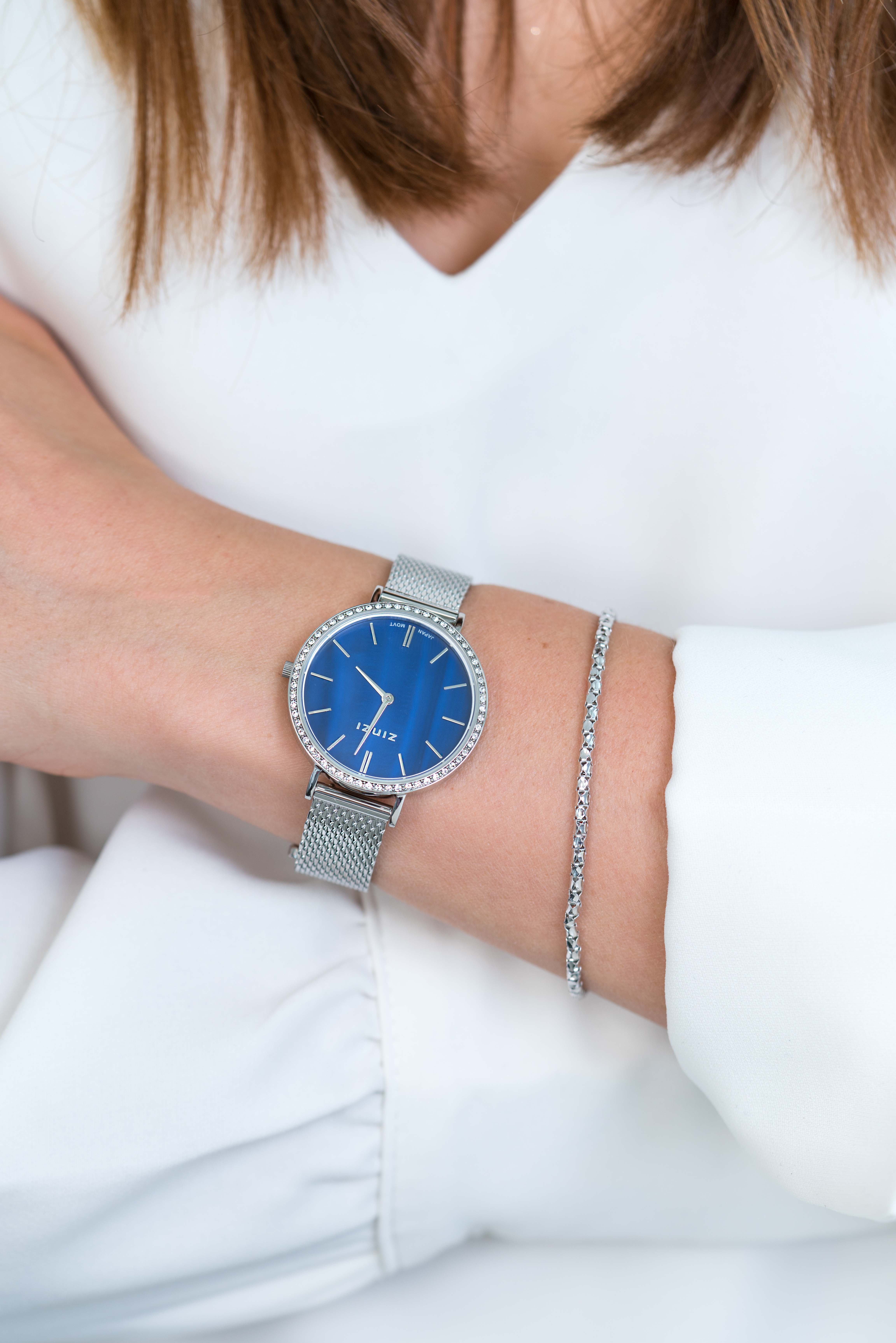 ZINZI Watch GRACE 34mm Dark Blue Mother-of-Pearl Dial Set with White Crystals Stainless Steel Case and Strap ZIW1346
