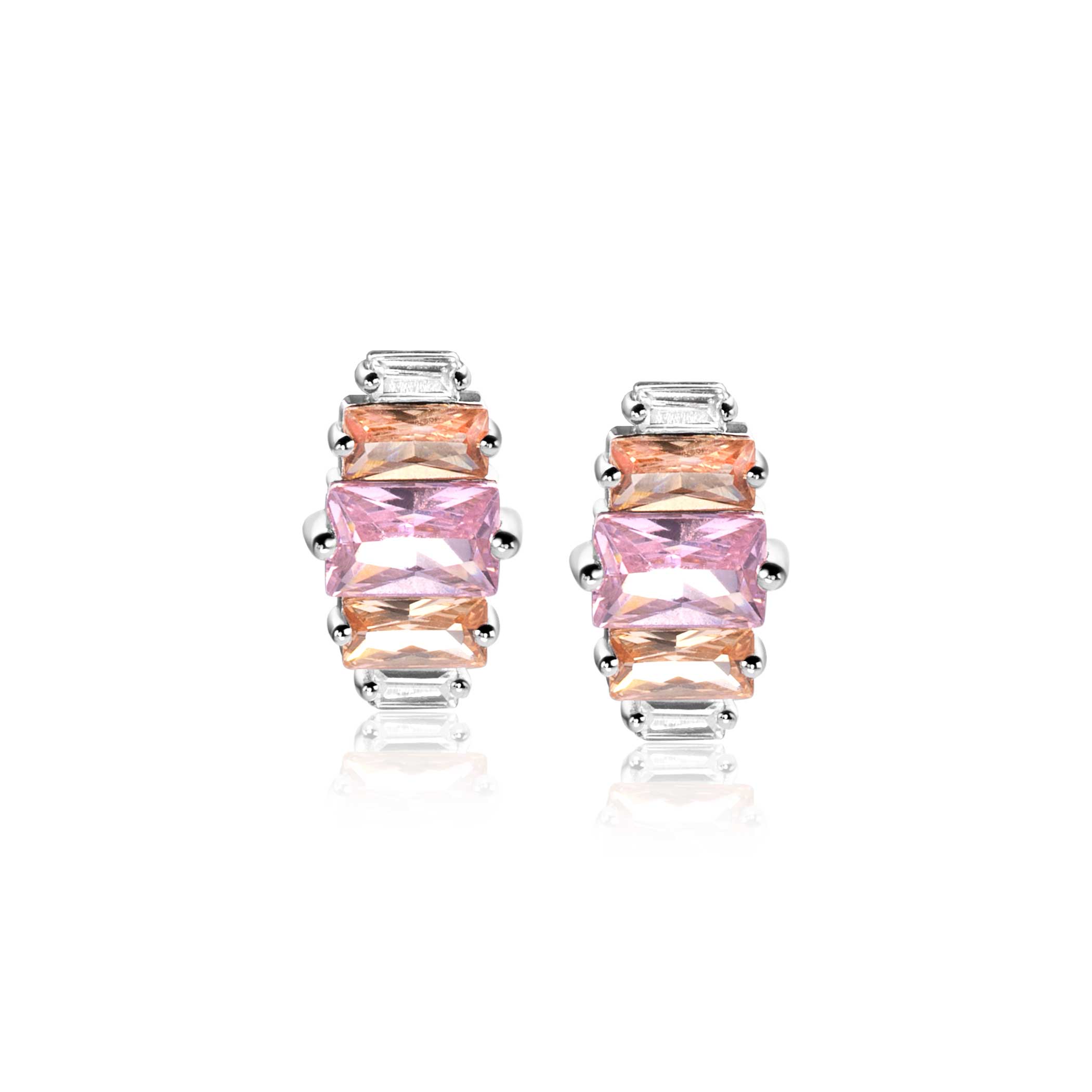 13mm ZINZI Sterling Silver Stud Earrings Baguette White Zirconia, Champagne and Pink ZIO2490