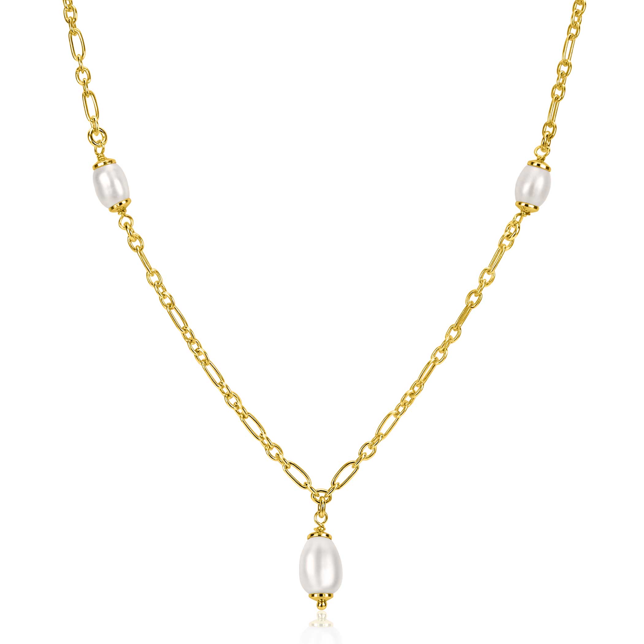 ZINZI gold plated silver chain necklace with three oval white freshwater pearls 40-45cm ZIC2588