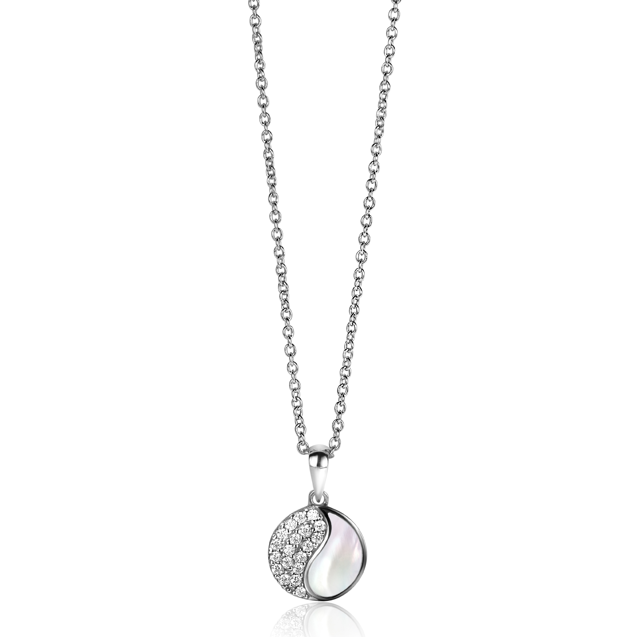 18mm ZINZI Sterling Silver Yin Yang Pendant Round Set with Mother-of-Pearl and White Zirconias ZIH2423 (excl. necklace)