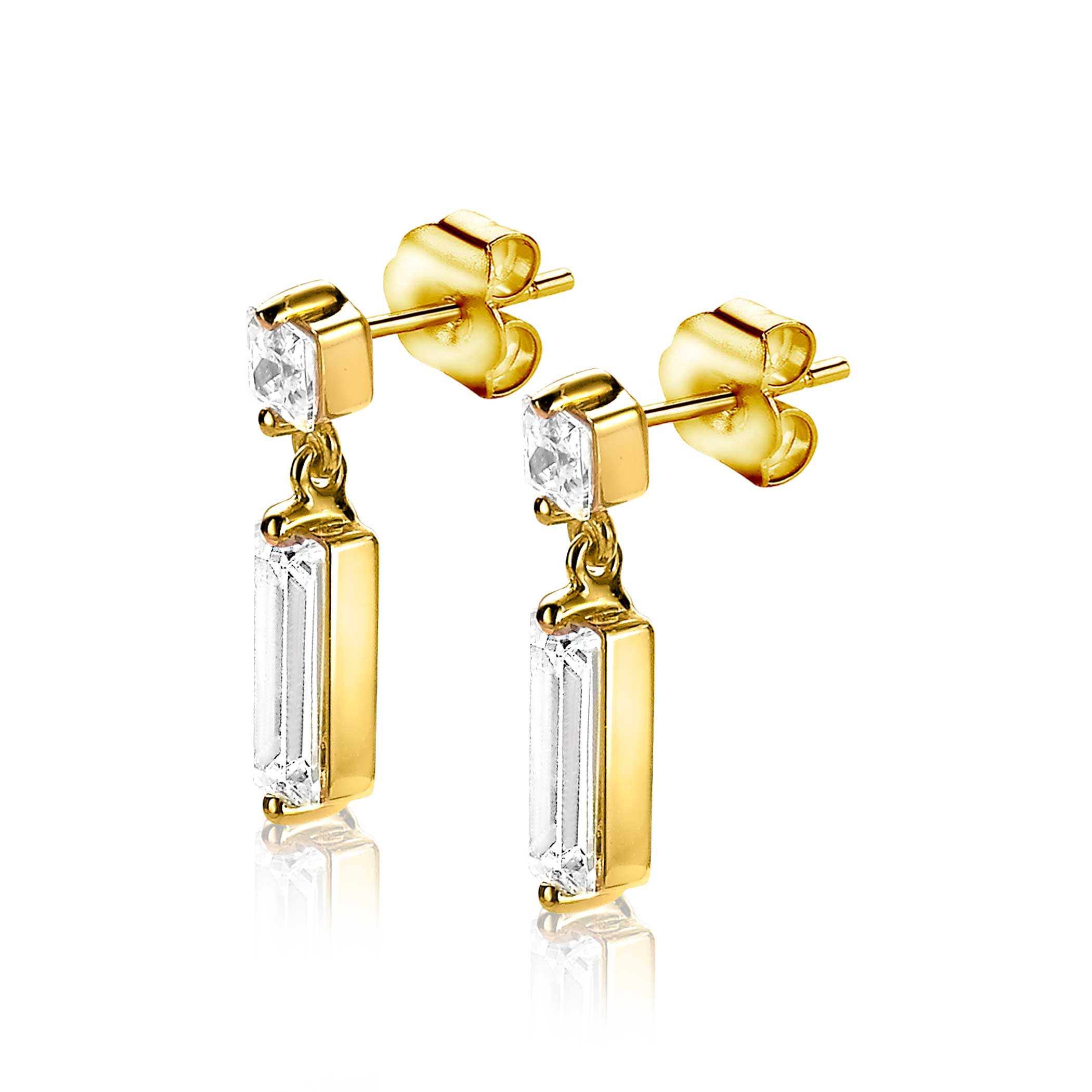 15mm ZINZI Gold Plated Sterling Silver Earrings Baguette White Zirconias ZIO2056Y