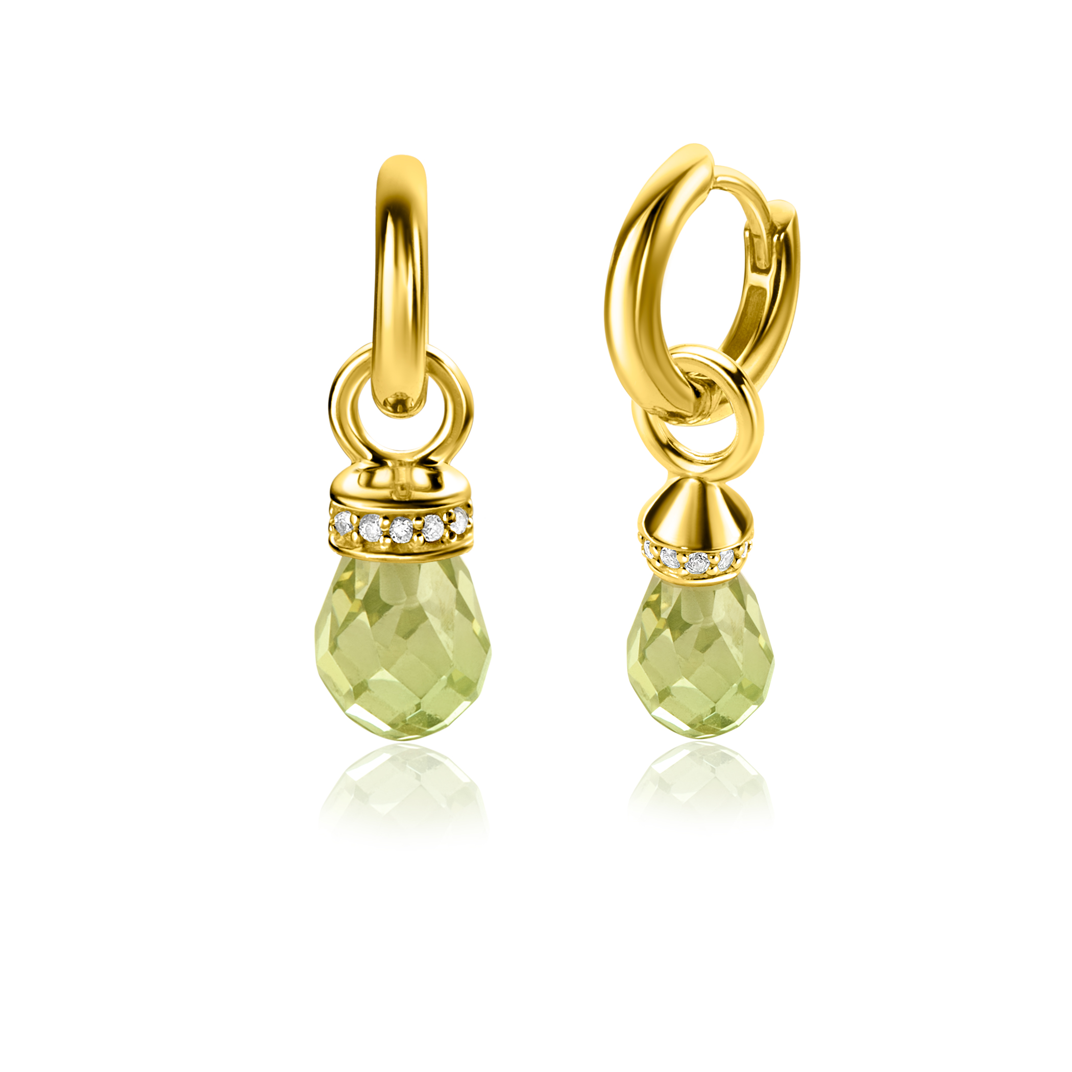 17mm ZINZI Gold Plated Sterling Silver Earrings Pendants in Pear-shape Green Peridot and White Zirconias ZICH2429 (excl. hoop earrings)