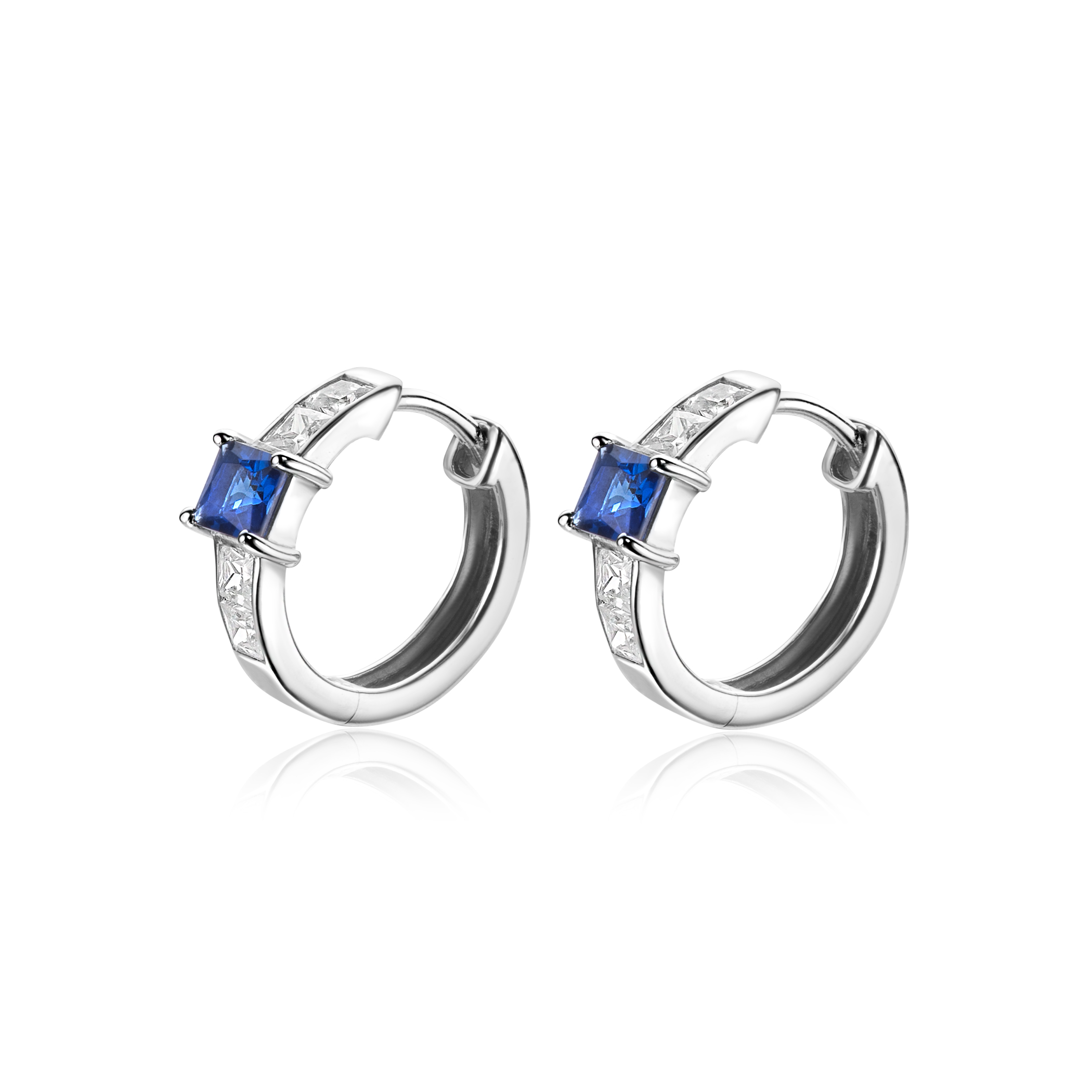16mm ZINZI Sterling Silver Hoop Earrings Square Sapphire Blue Color Stone and White Zirconias 16x3mm ZIO2453