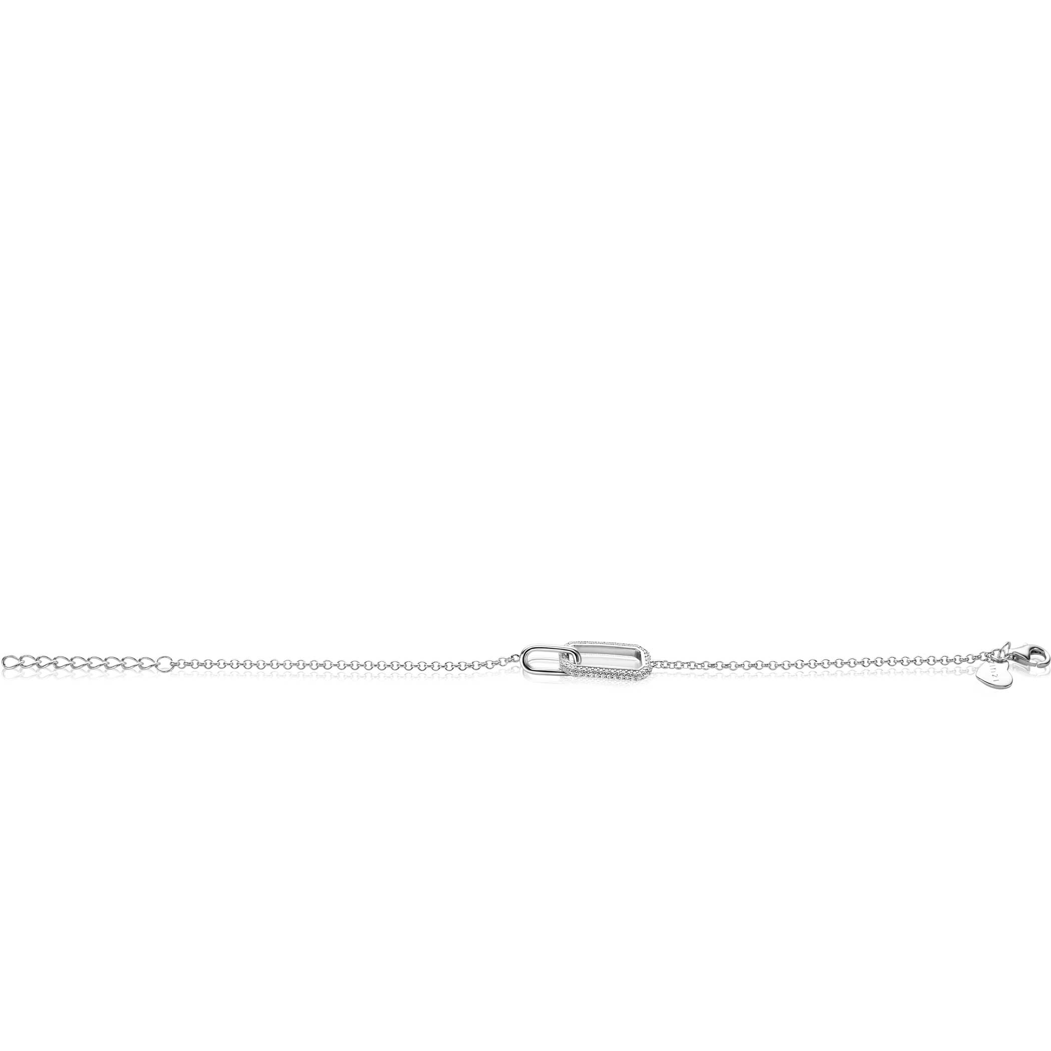 ZINZI Sterling Silver Bracelet with 2 Connected Chains: a Rectangular Chain Set with White Zirconias and a Shiny Oval Chain 16,5-19,5cm ZIA2551