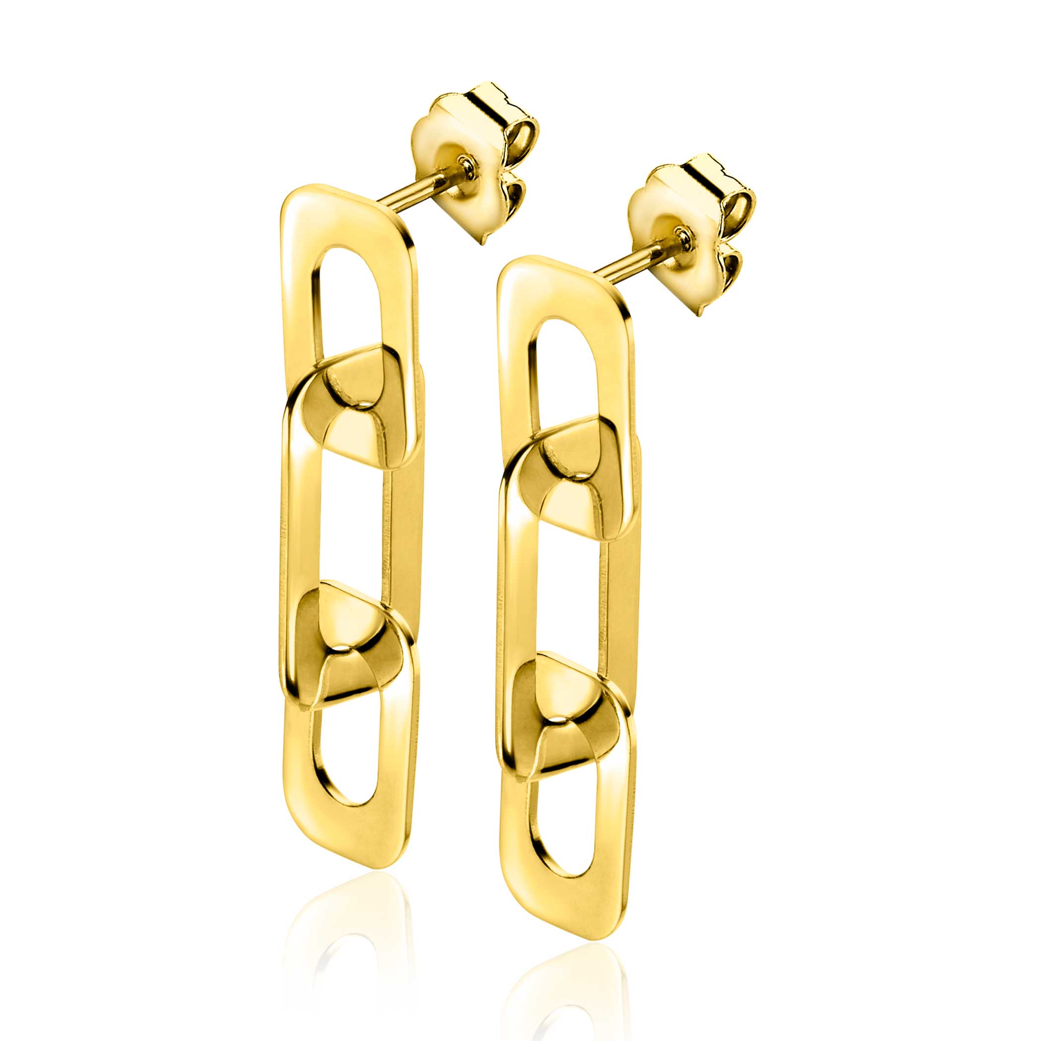 31mm ZINZI Gold Plated Sterling Silver Stud Earrings with Rectangular Chains ZIO-BF72G