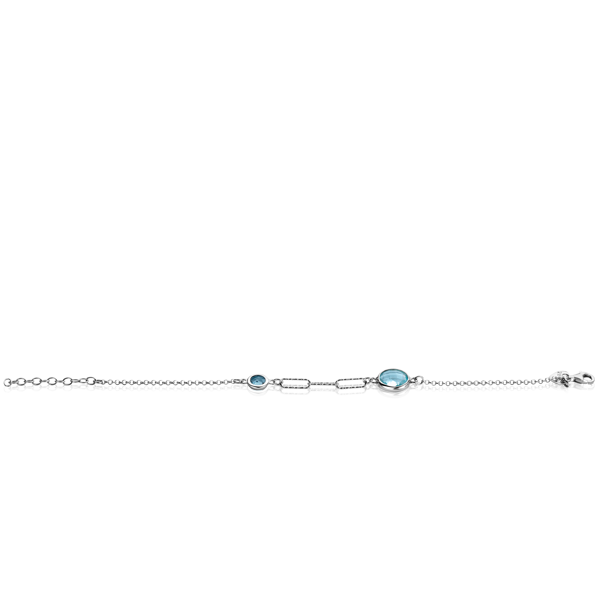 ZINZI Sterling Silver Bracelet with 2 Round Settings with Light Blue and Indigo Blue Color Stones and 3 Trendy Paperclip Chains 16-19cm ZIA2418