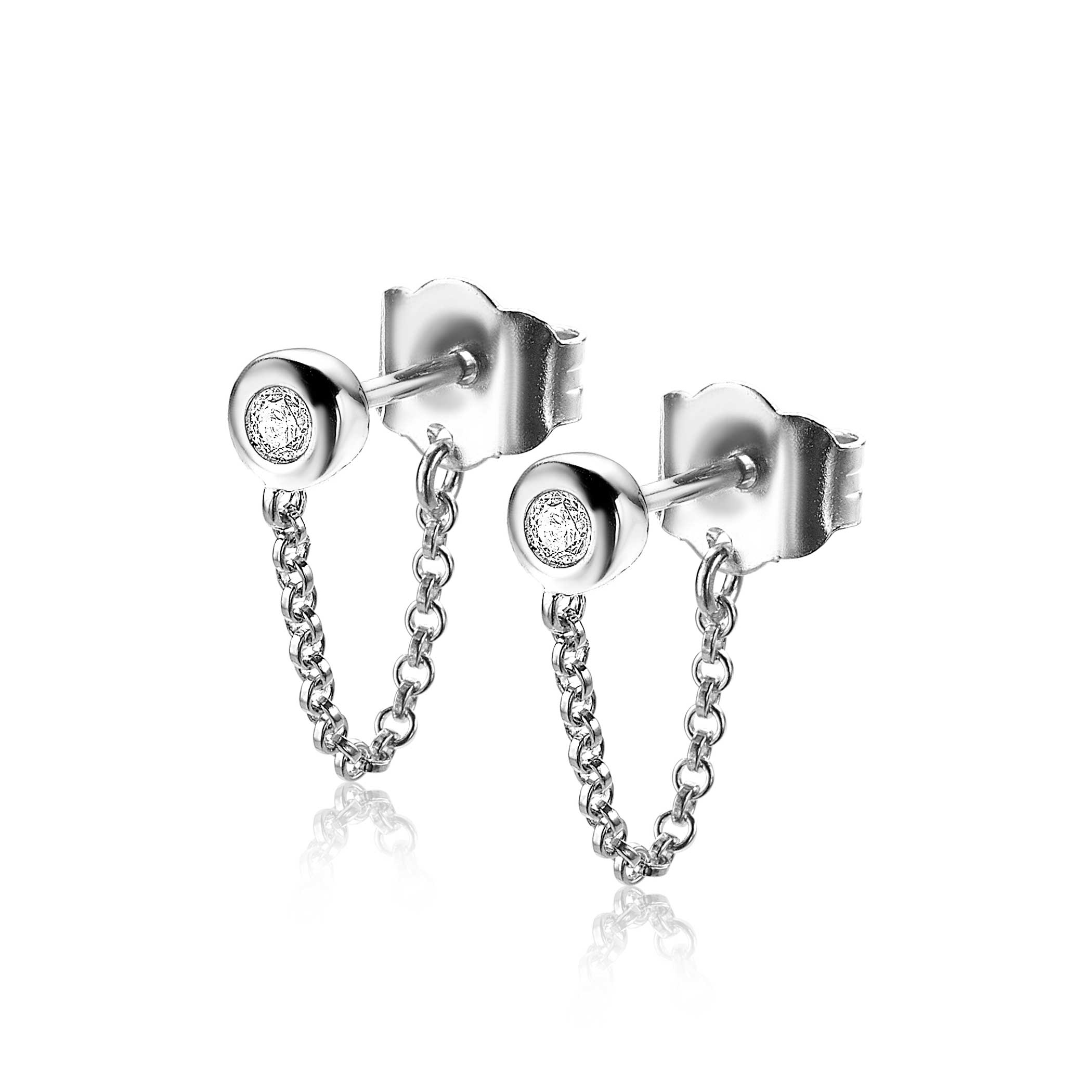 ZINZI Sterling Silver Stud Earrings Round White Zirconia with Chain ZIO1773