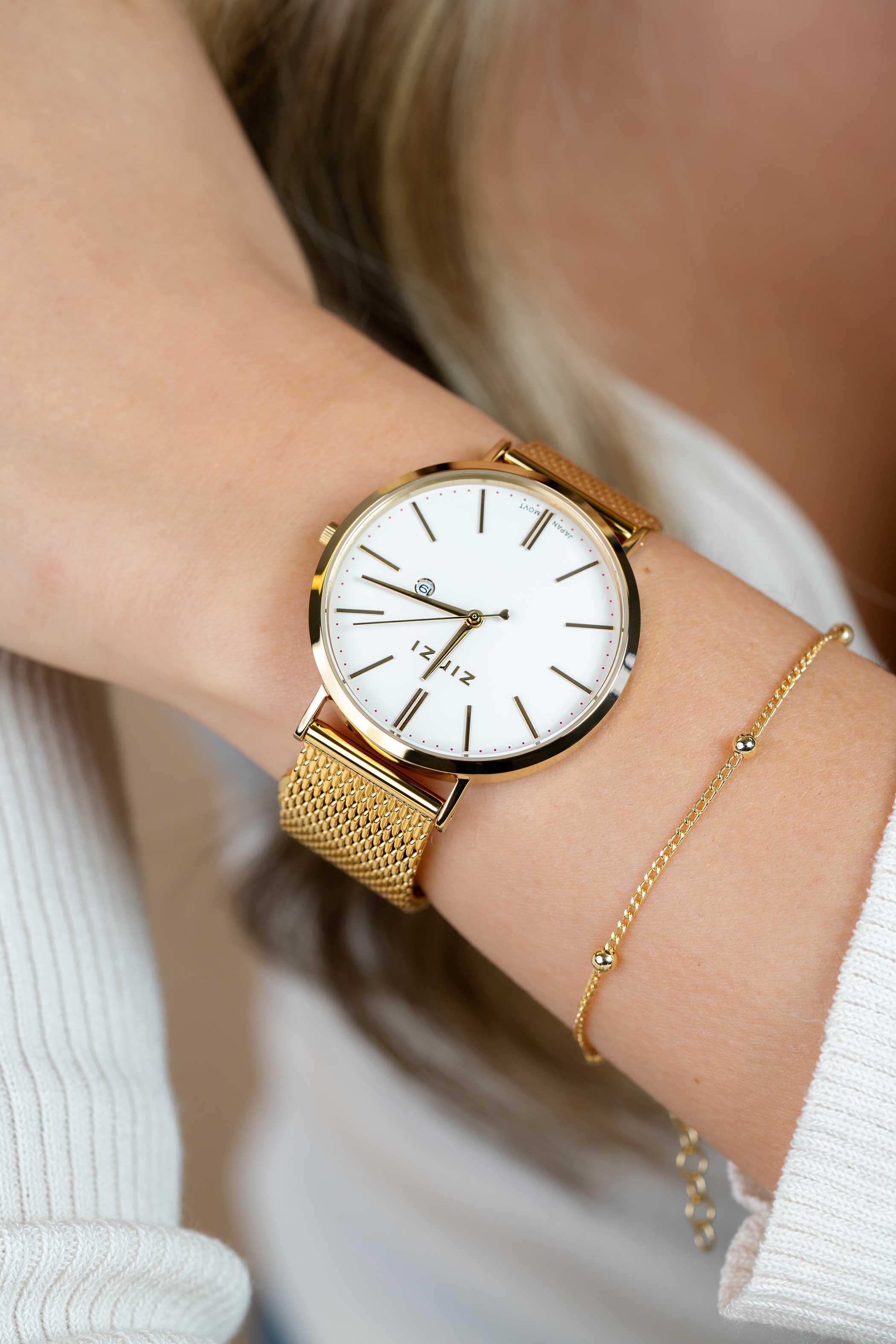 ZINZI Retro Watch White Dial Gold Colored Stainless Steel Case and Mesh Strap 38mm  ZIW407M