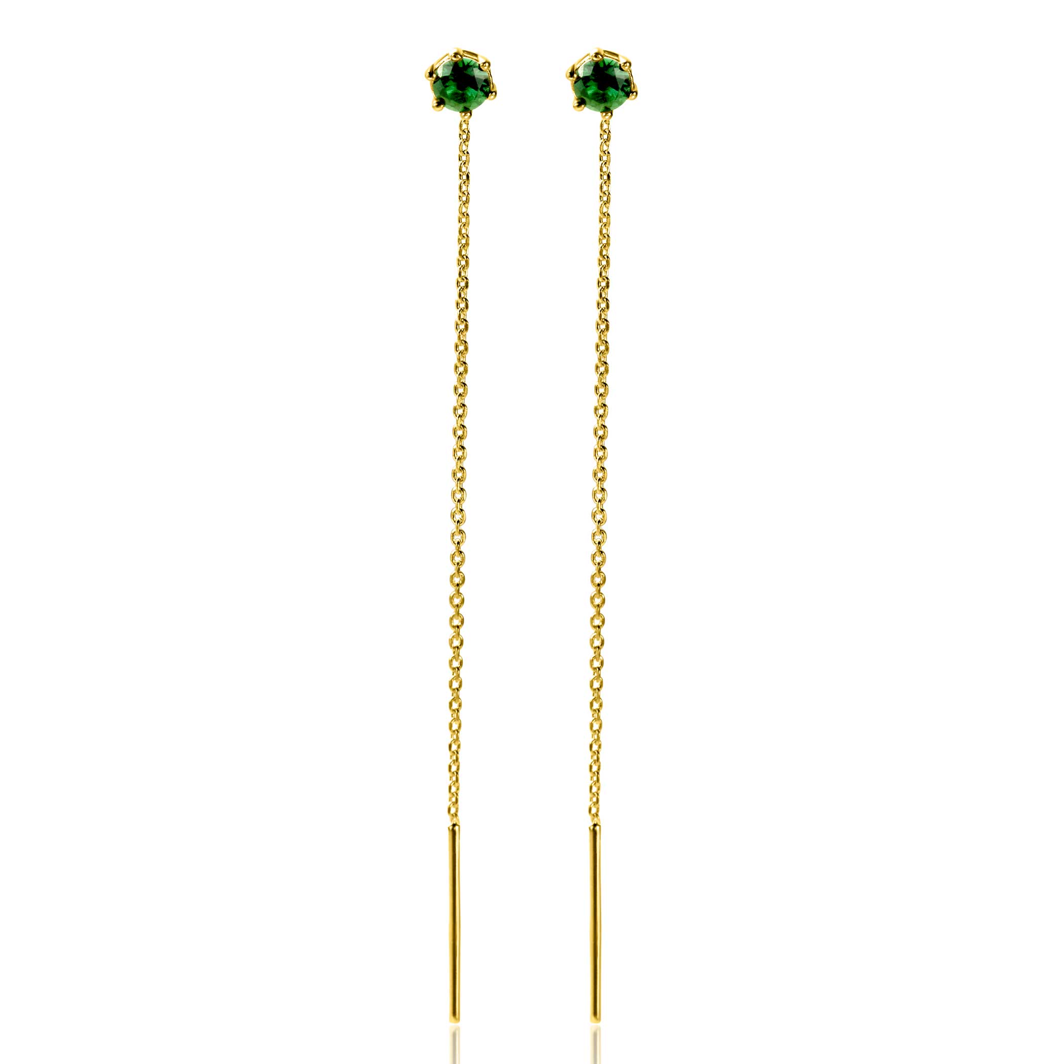 80mm ZINZI gold plated silver threader earrings with 5mm green stone chaton setting and graceful chain ZIO2576GG
