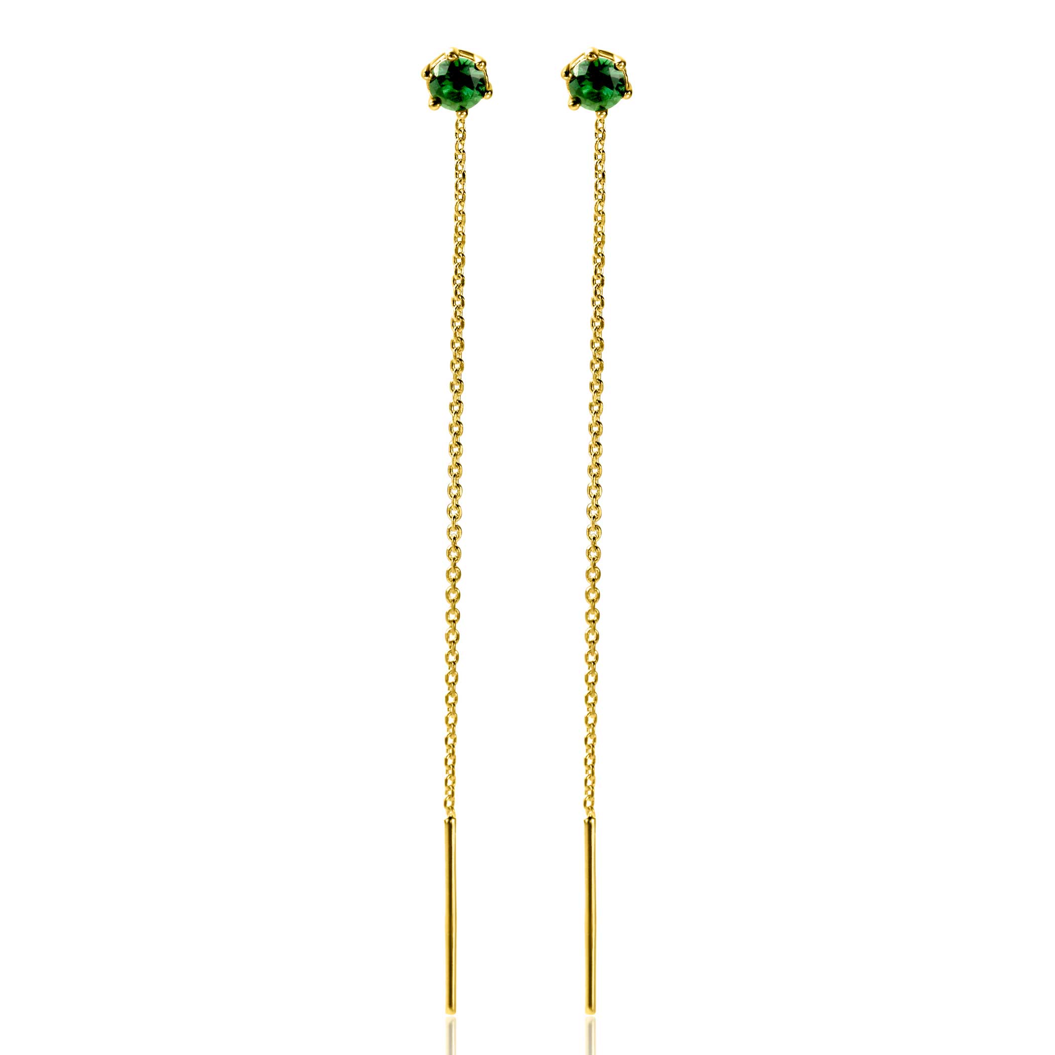 80mm ZINZI gold plated silver threader earrings with 5mm green stone chaton setting and graceful chain ZIO2576GG
