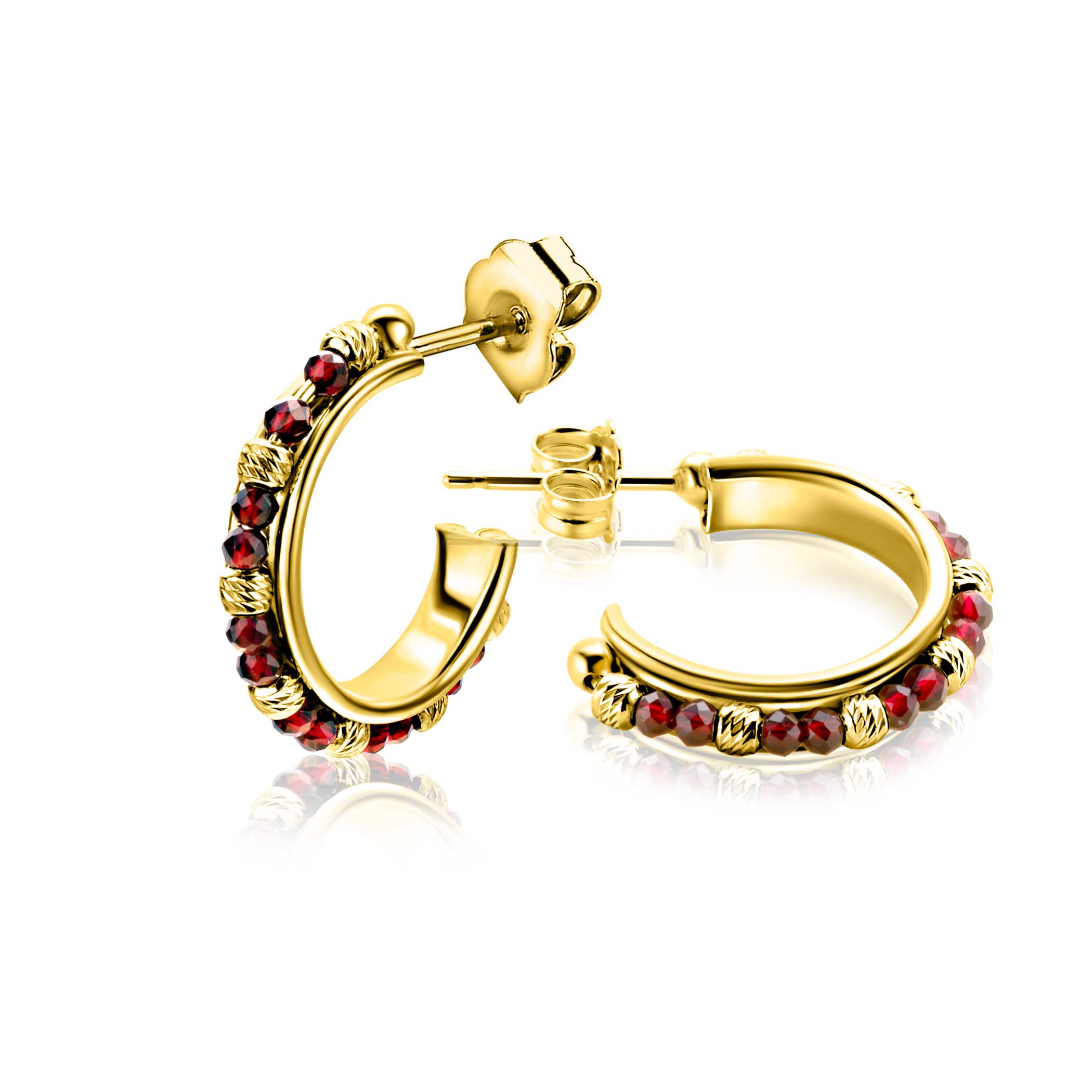20mm ZINZI gold-plated silver stud earrings with round red beads and detailed spheres, ZIO-BF127