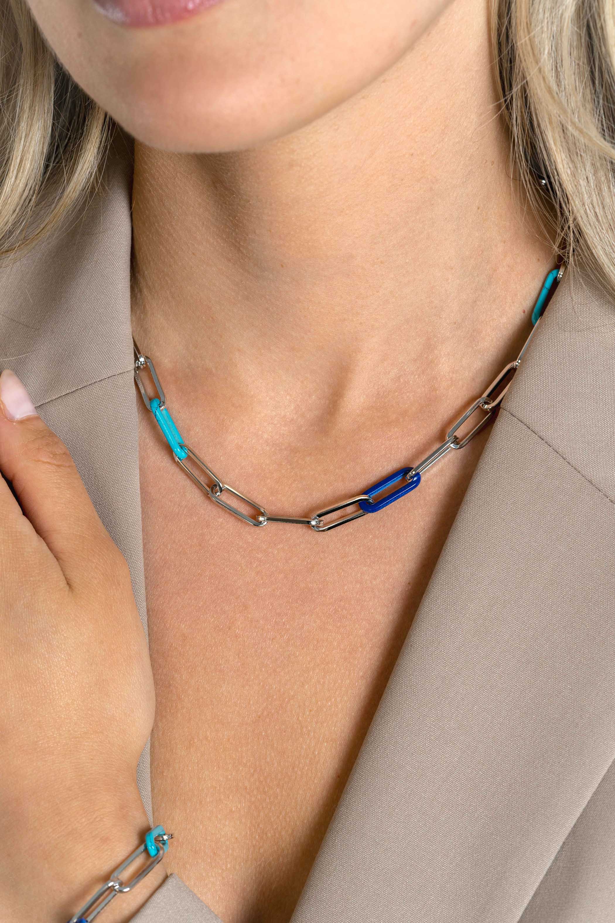 ZINZI Sterling Silver Paperclip Chain Necklace with Trendy Chains in Turquoise and Lapis Blue 45cm ZIC2456