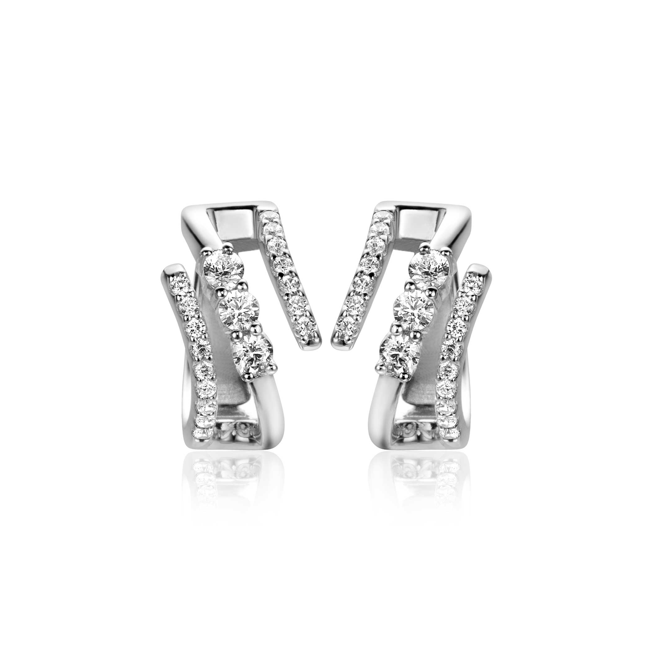 16mm ZINZI silver multi-look hoop earrings with 3 rows, set with white cubic zirconias 9mm wide with luxury clasp ZIO2645