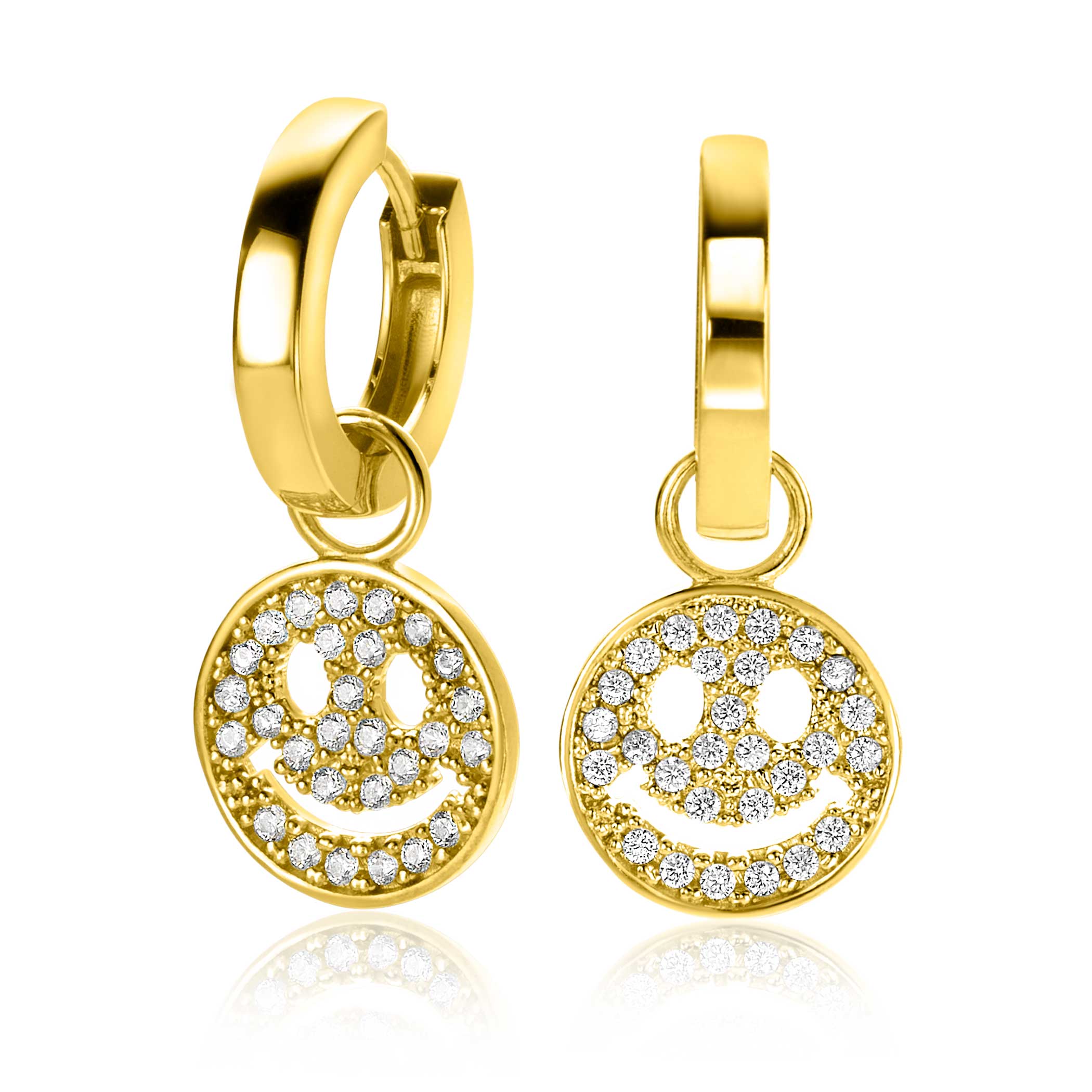 13mm ZINZI Gold Plated Sterling Silver Earrings Pendants Round Smiley Set with White Zirconias ZICH2313Y (excl. hoop earrings)