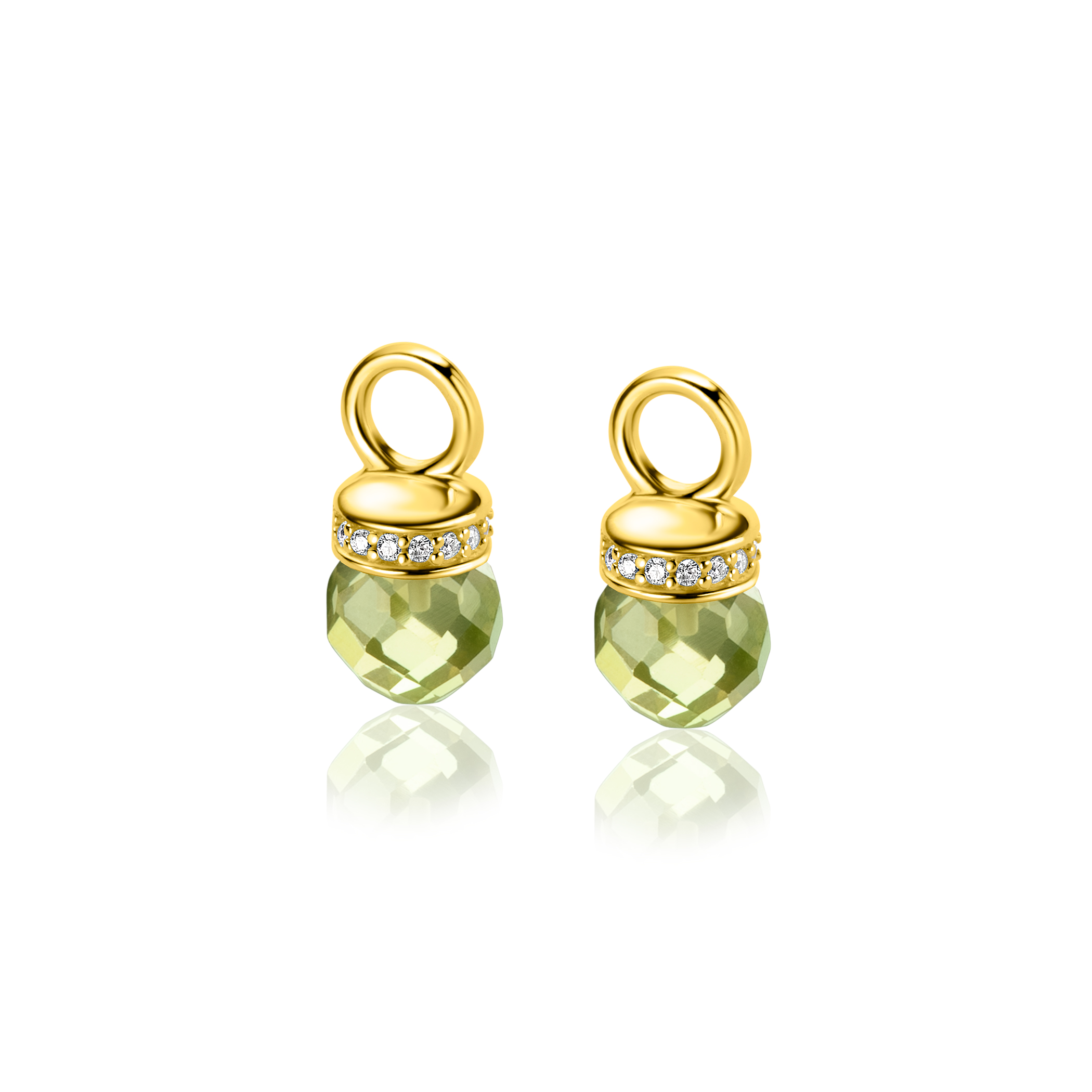 15mm ZINZI Gold Plated Sterling Silver Earrings Pendants with Round Green Peridot Color Stones and White Zirconias ZICH2428 (excl. hoop earrings)