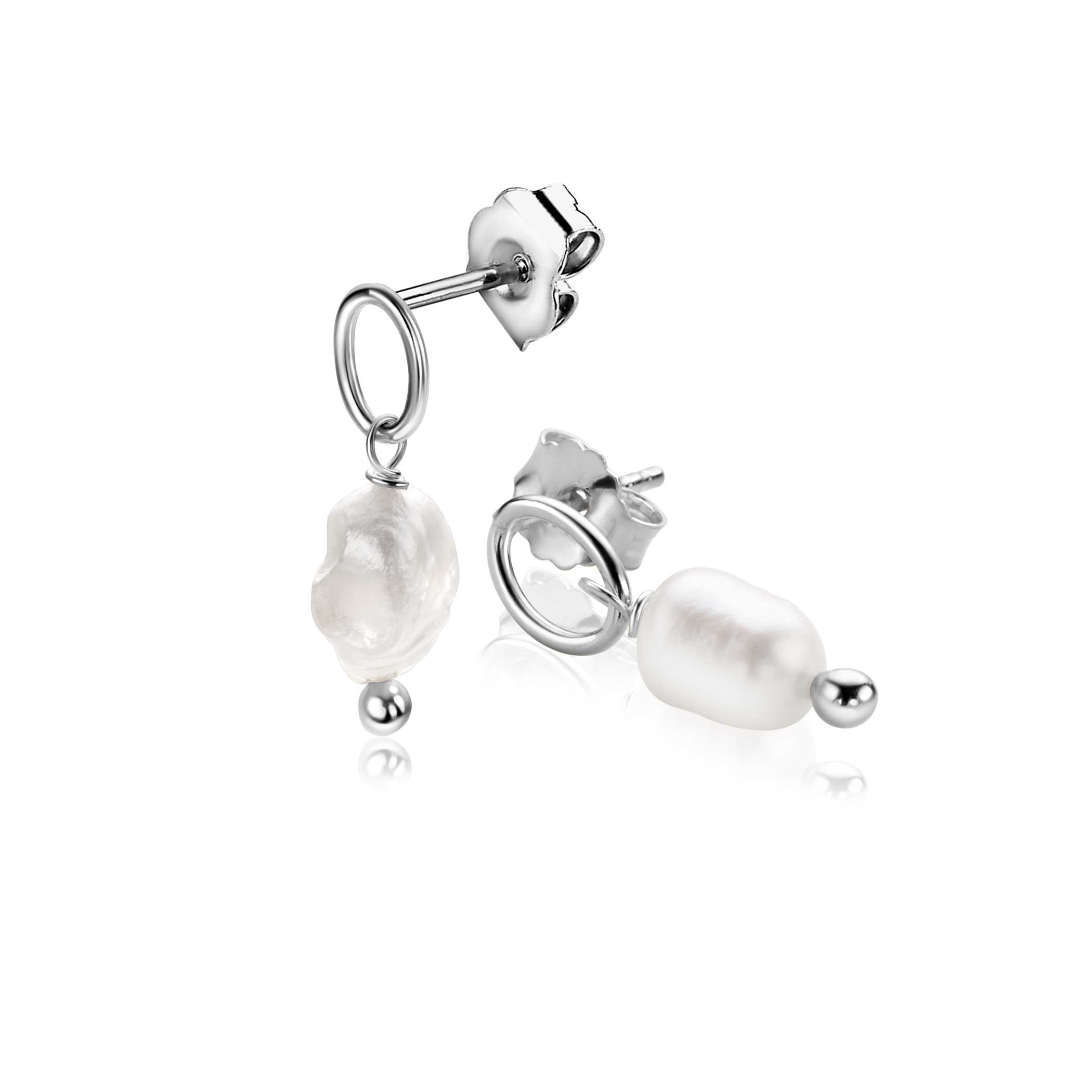21mm ZINZI silver stud earrings with an openwork circle, featuring a dangling white freshwater pearl, ZIO-BF112
