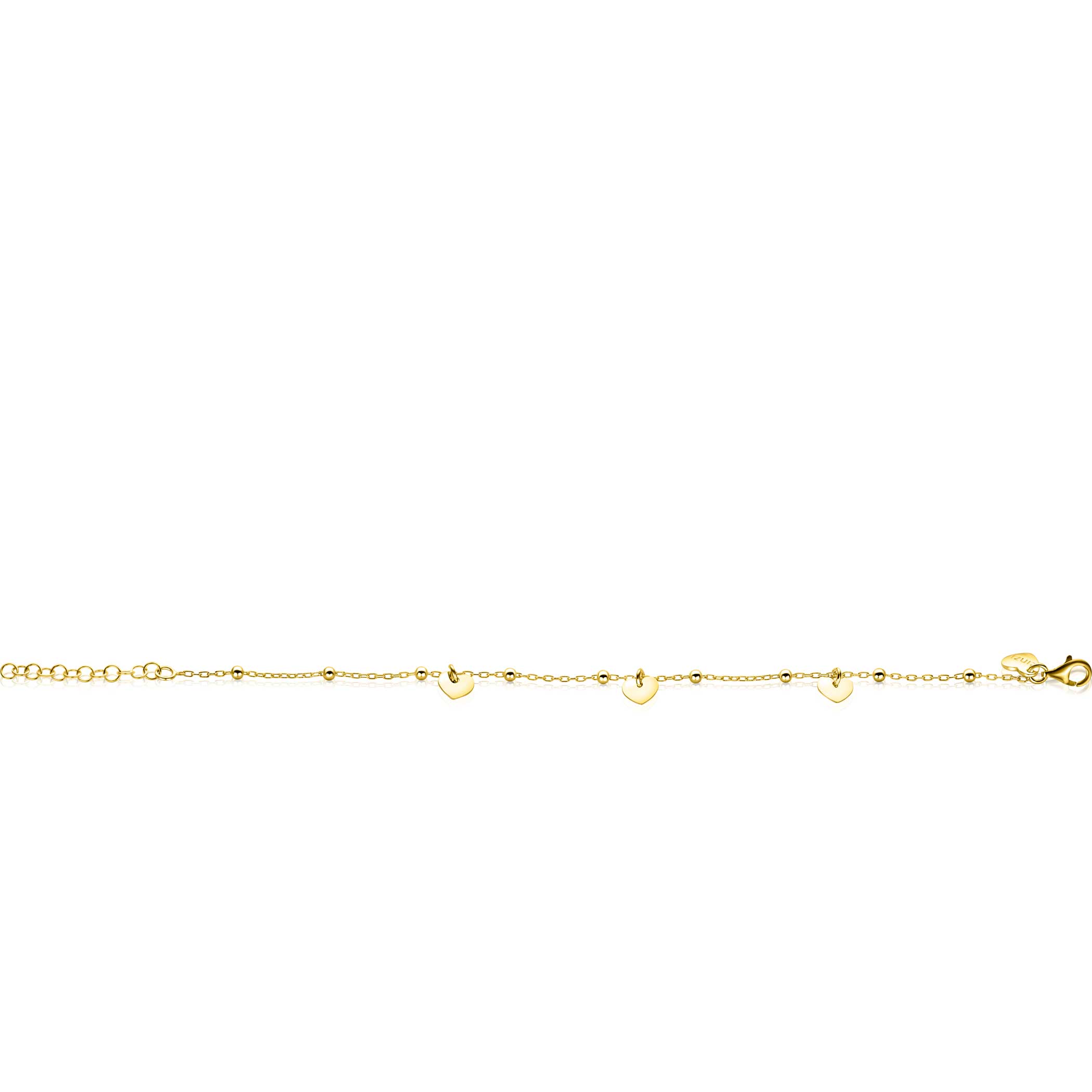 ZINZI Gold Plated Sterling Silver Chain Bracelet with Beads and 3 Shiny Heart Charms 17-20cm ZIA2531G