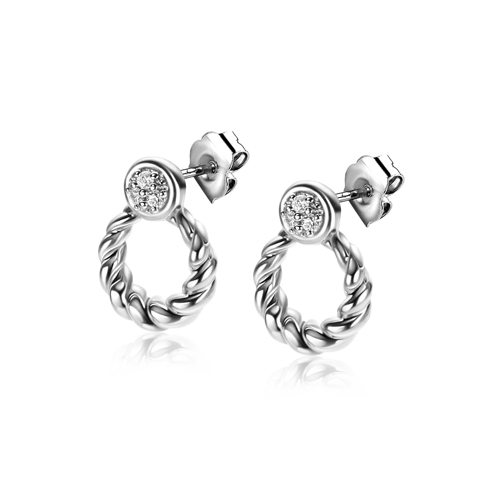 12mm ZINZI Sterling Silver Round Stud Earrings Open Circle Twisted Design and White Zirconias ZIO2390