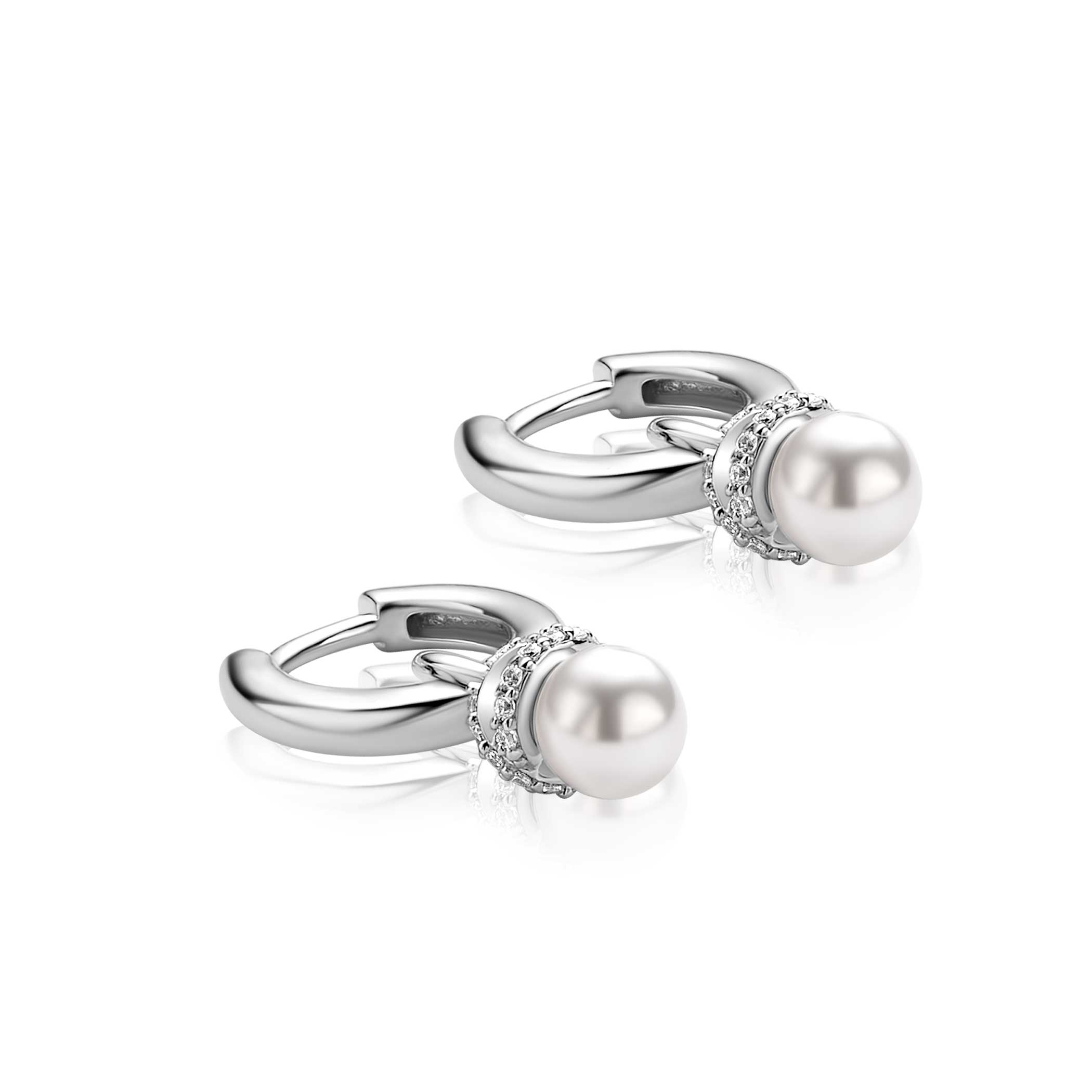 ZINZI zlv. oorbedels parel met zirconia's in x vorm