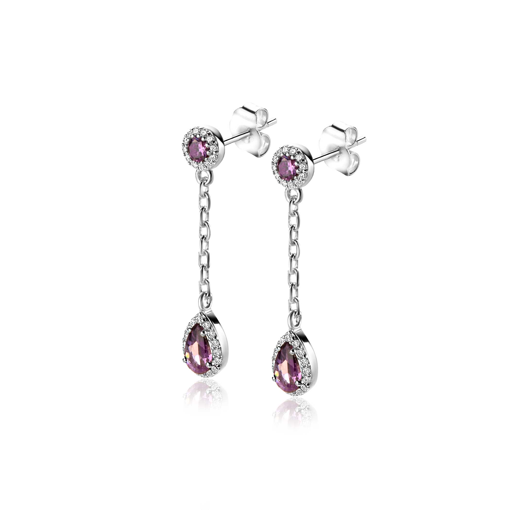 25mm ZINZI Sterling Silver Stud Earrings with White Zirconias, Chain and Dangling Purple Color Stone ZIO2561