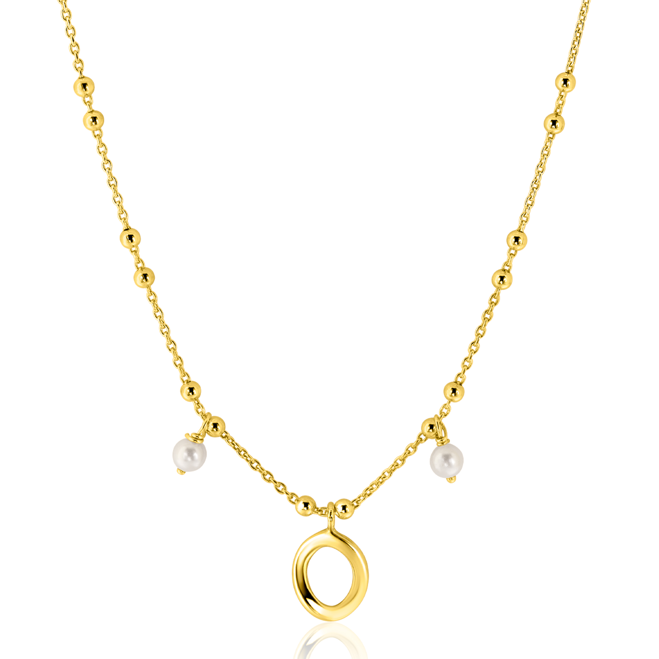 ZINZI Gold Plated Sterling Silver Fantasy Necklace with 15 Small Beads, 2 White Pearls and a Playful Organic Open Design 42-45cm ZIC2405