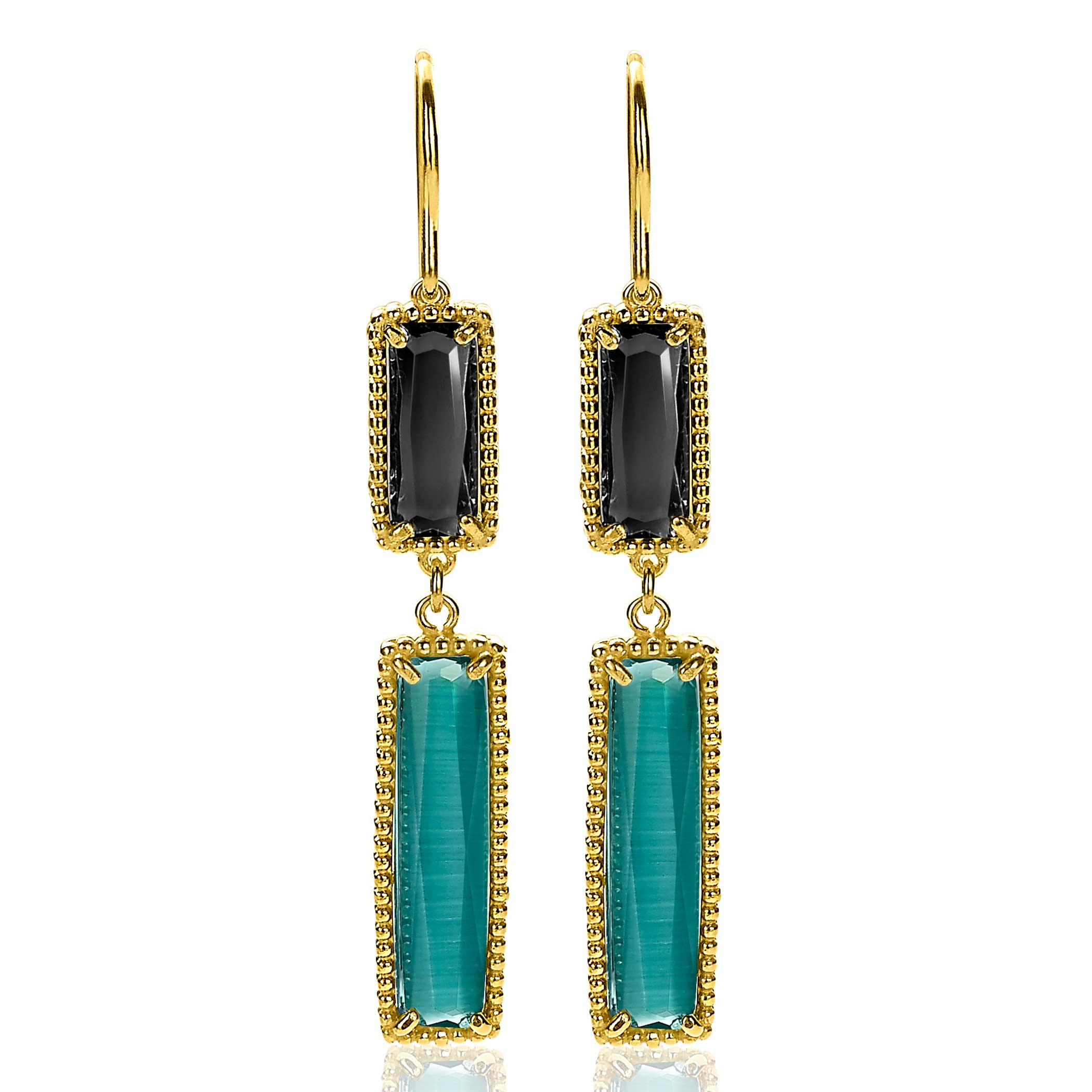 57mm ZINZI Gold Plated Sterling Silver Drop Earrings with Rectangular Settings Green and Black ZIO2112