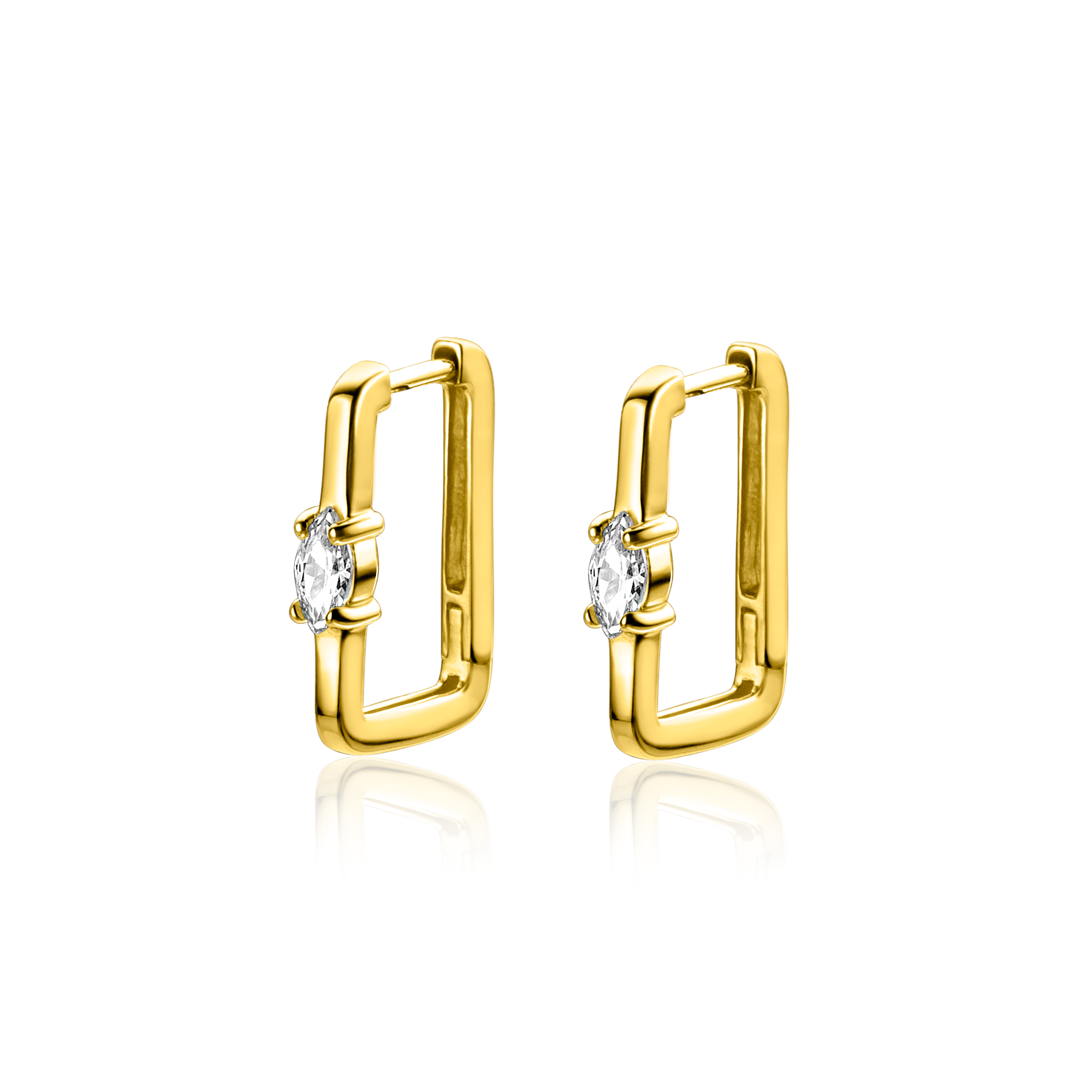 15mm ZINZI Gold Plated Sterling Silver Hoop Earrings Rectangular Shape with Oval White Zirconia Square Tube width 2mm ZIO2448G