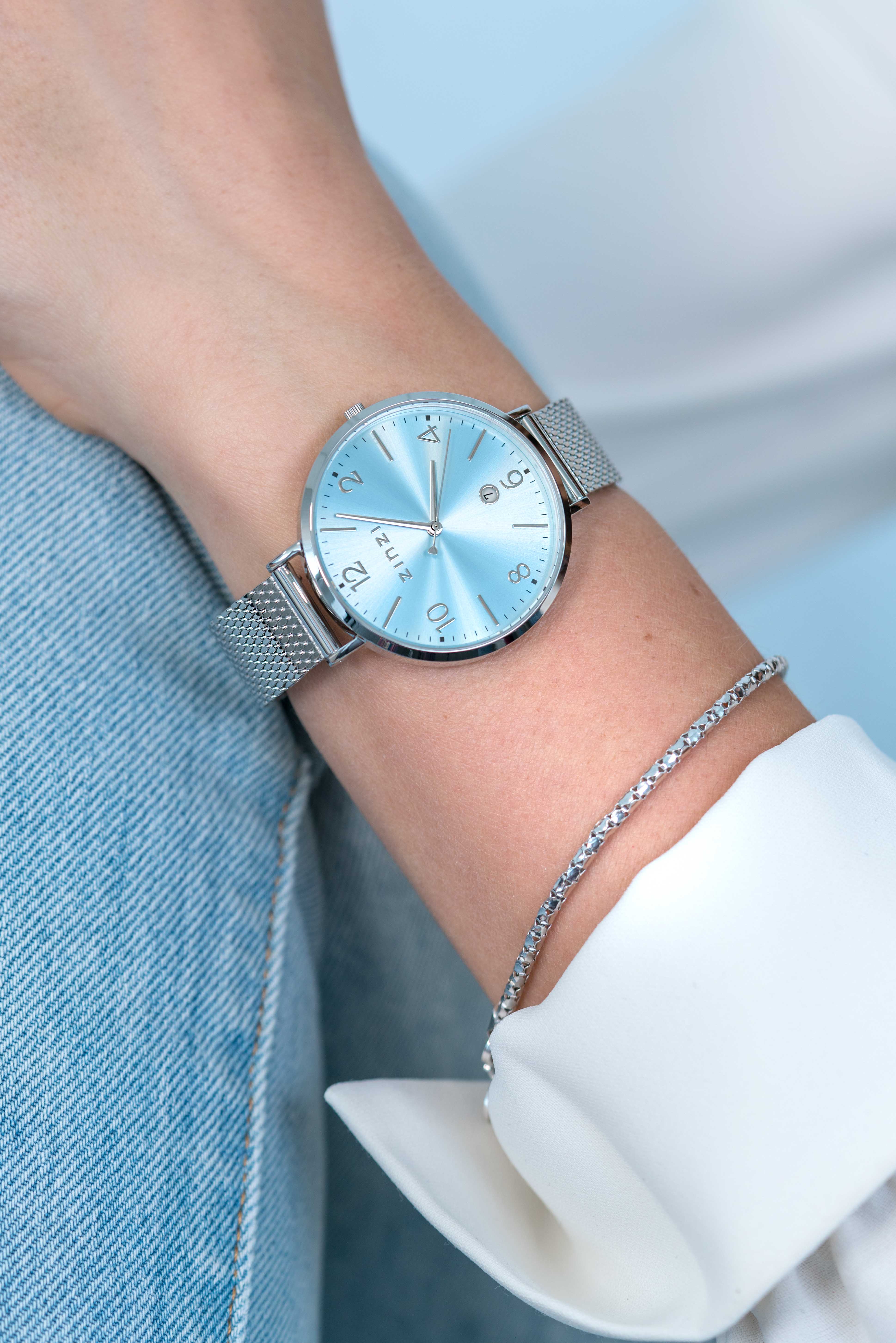 ZINZI Watch SOPHIE 38mm Ice Blue Dial with Date Stainless Steel Case and Mesh Strap 14mm ZIW1445