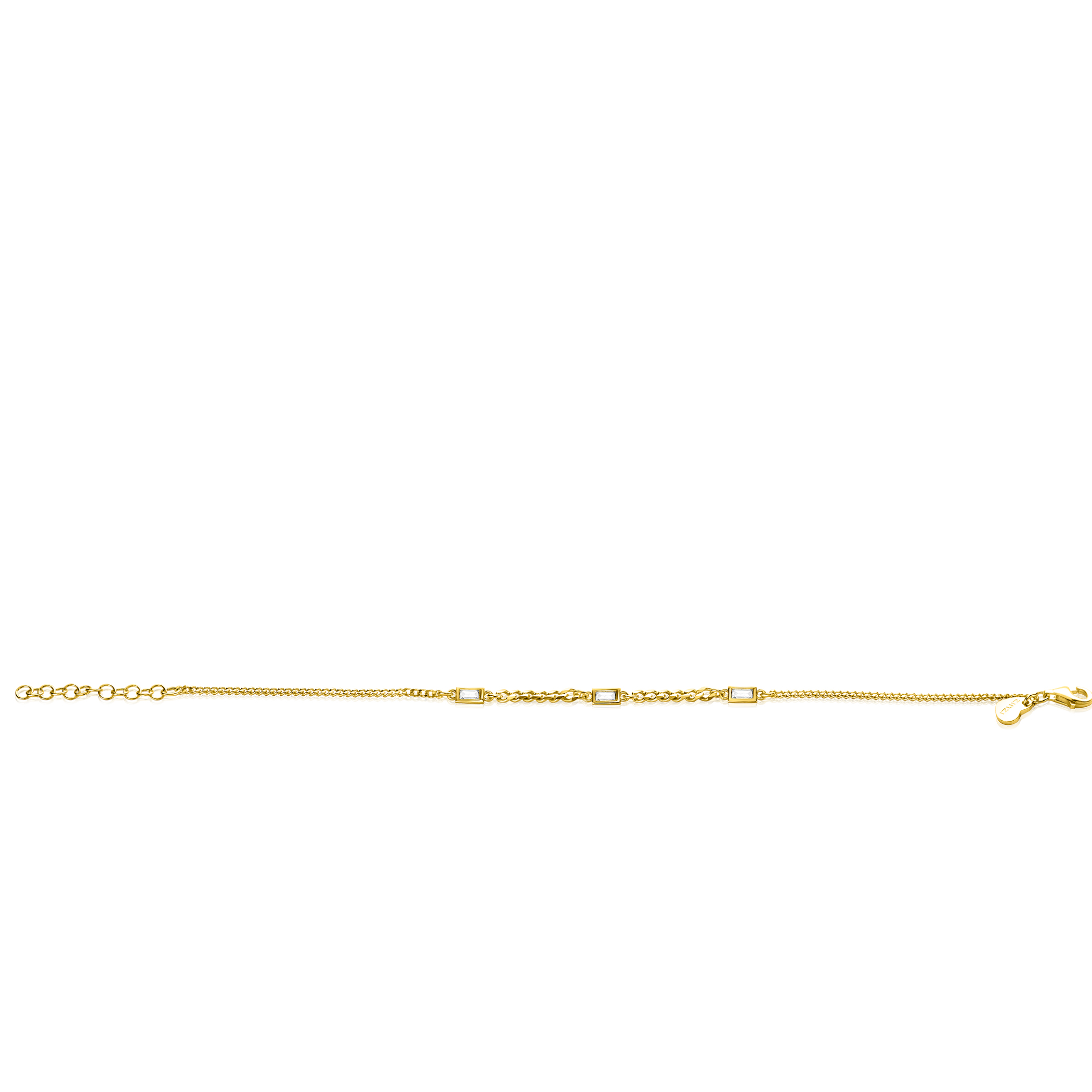 ZINZI Gold Plated Sterling Silver Bracelet with Curb Chains in Different Sizes Combined with 3 Rectangular Baguette Cut Zirconias 17-20cm ZIA2410