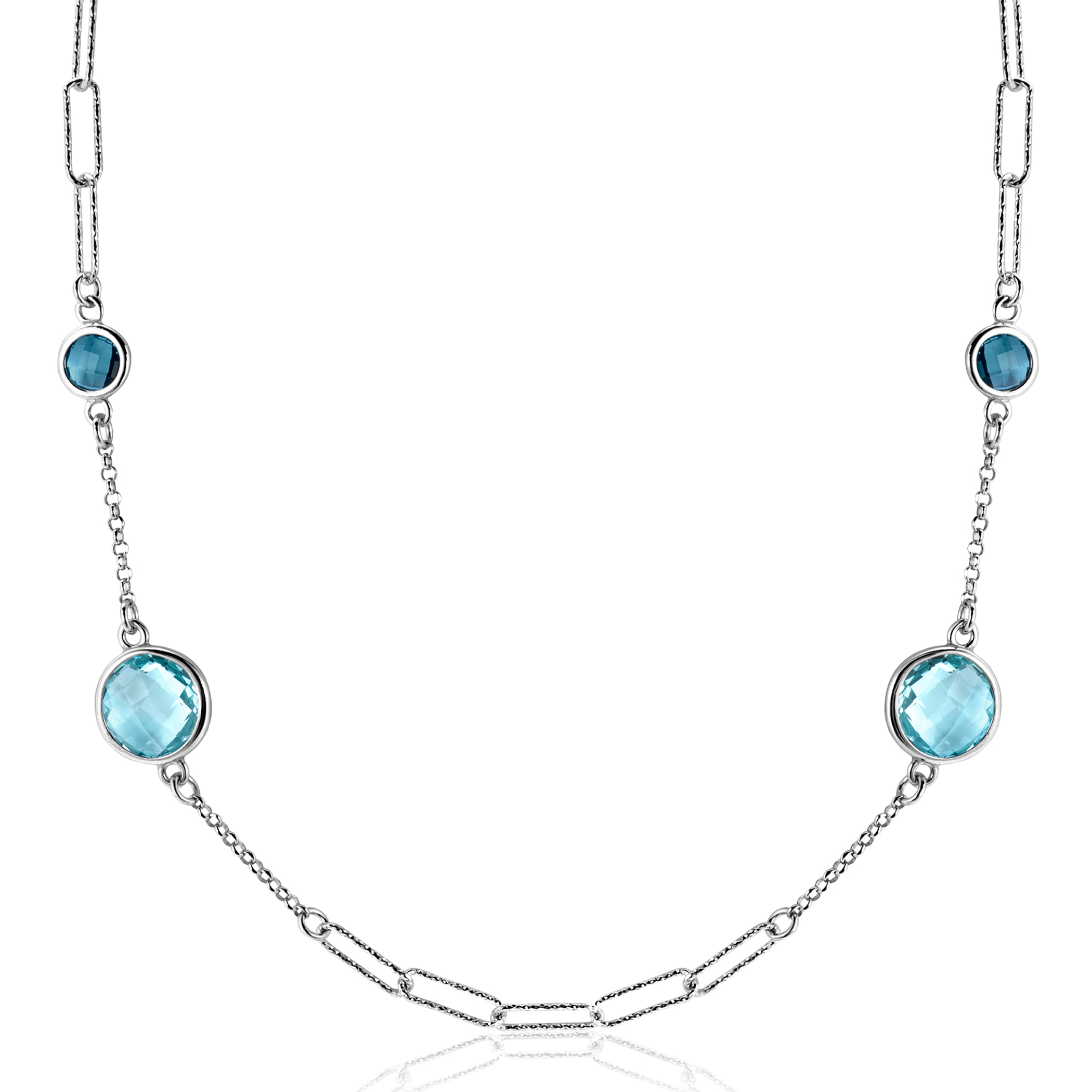ZINZI Sterling Silver Fantasy Necklace with Paperclip Chains and 4 Round Settings Set with Light Blue and Indigo Blue Color Stones 40-45cm ZIC2418