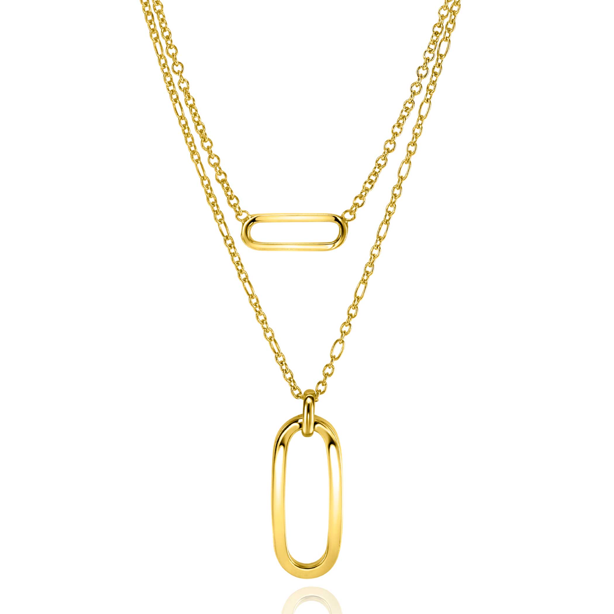 ZINZI Gold Plated Sterling Silver Multi-look Necklace 43cm Figaro and Rolo Chains with Open Oval Pendants ZIC2534G