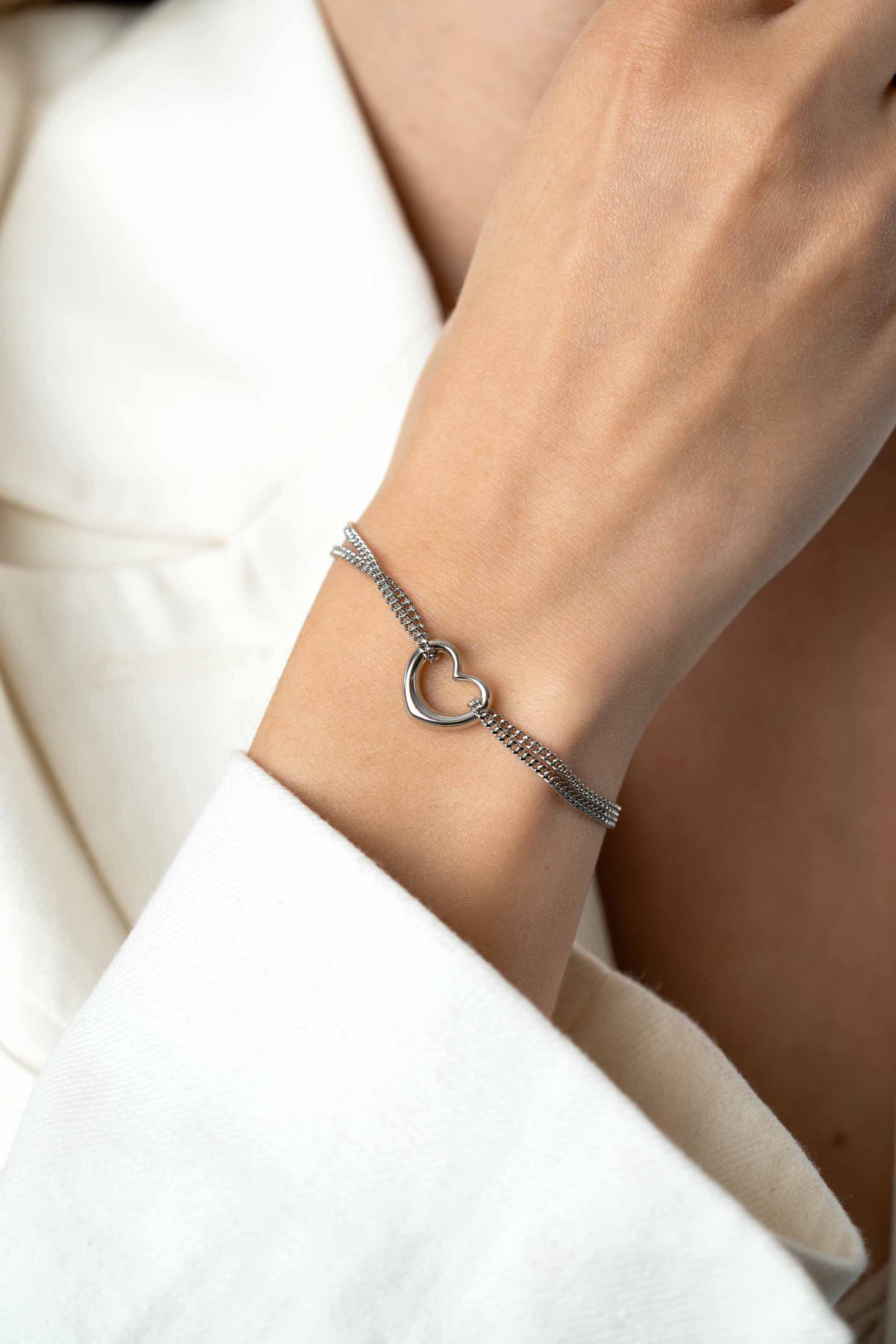 ZINZI Sterling Silver Multi-look Bracelet Curb Chain and Open Heart 16,5-19,5cm ZIA2516