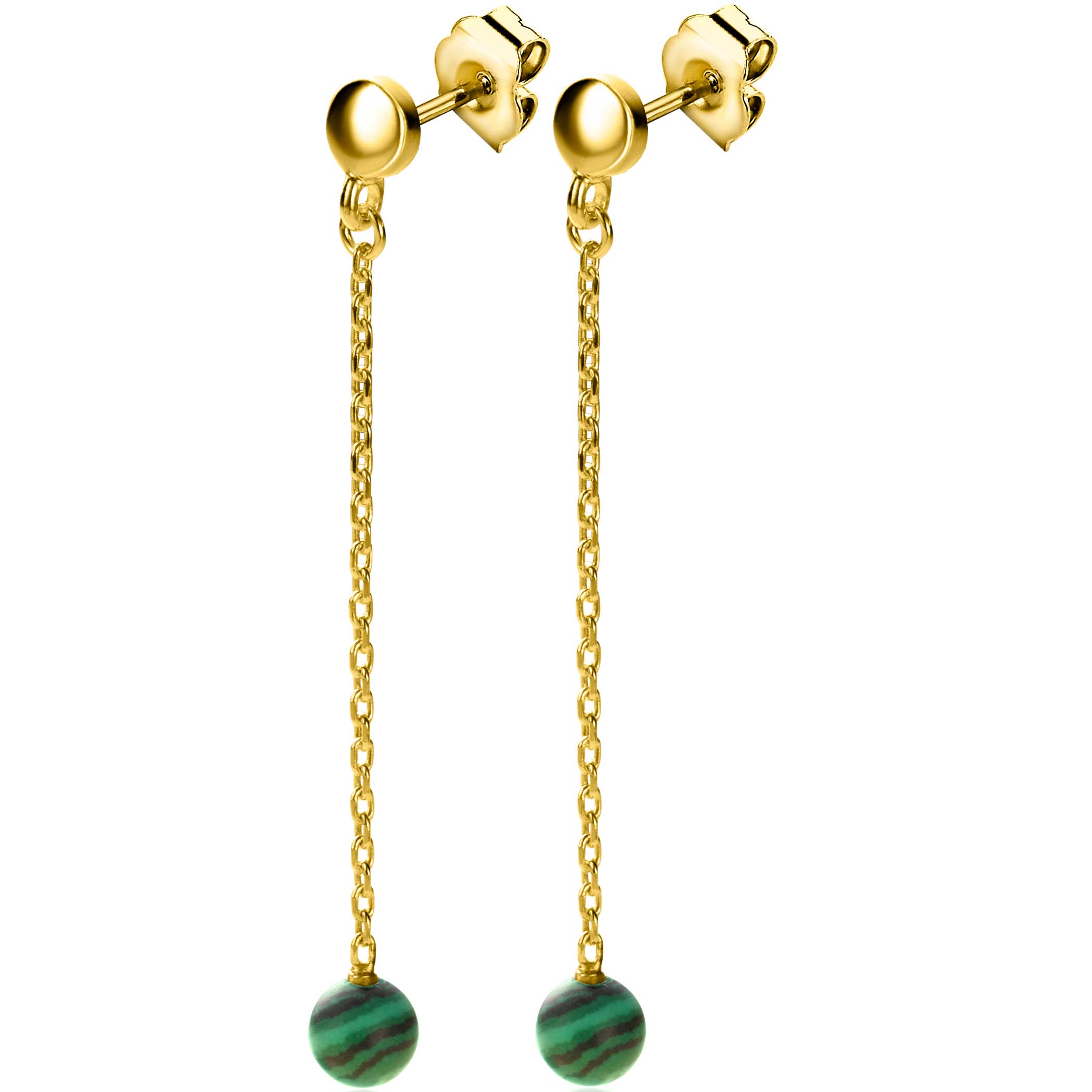 56mm ZINZI Gold Plated Sterling Silver Stud Earrings with Chain and Bead Green Color Stone ZIO-BF92