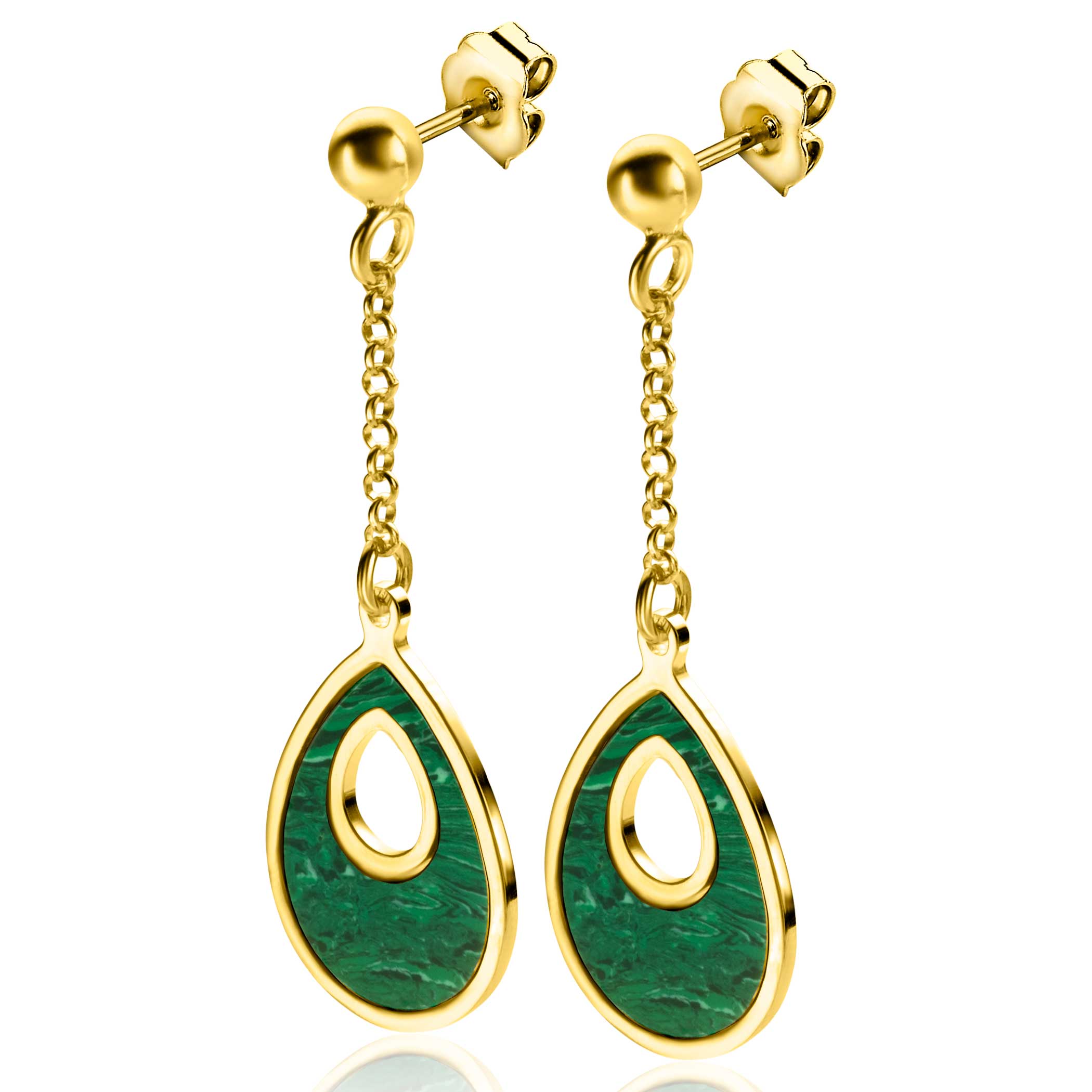 41mm ZINZI Gold Plated Sterling Silver Stud Earrings with Rolo Chain and Green Drop Pendant ZIO-BF64
