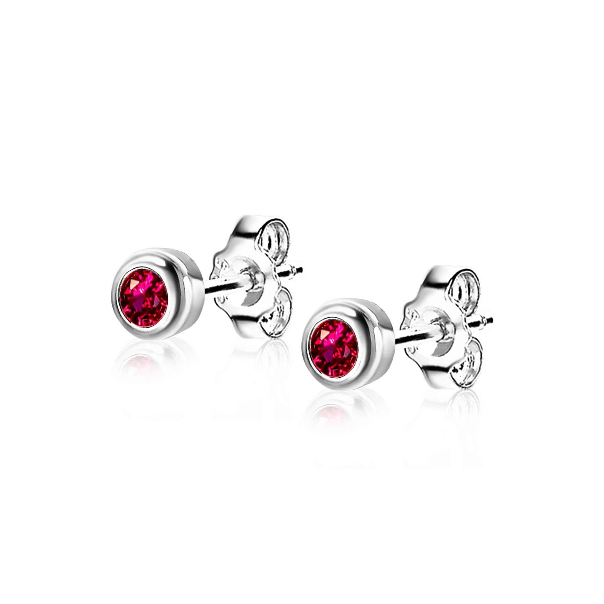 JULY Stud Earrings 4mm Sterling Silver with Birthstone Red Ruby Zirconia