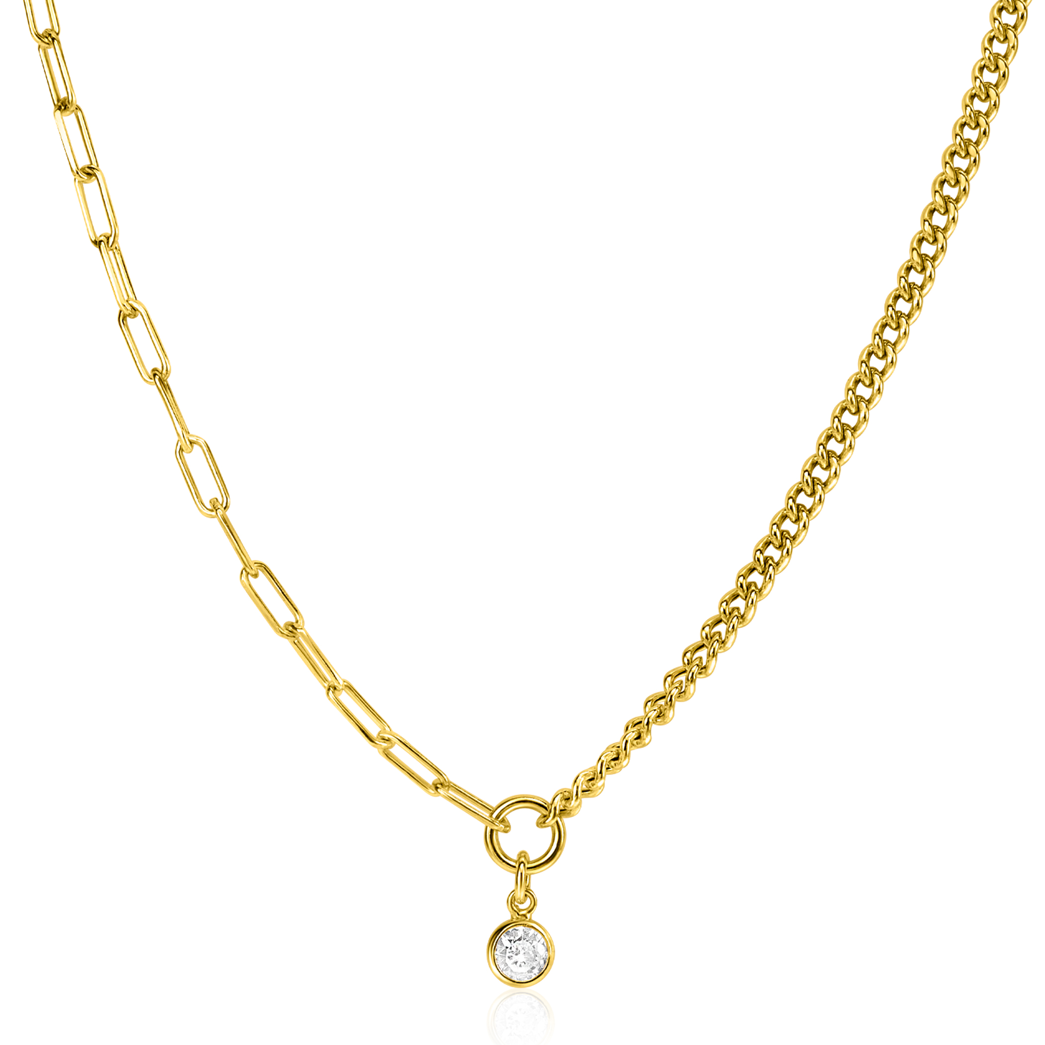 ZINZI Gold Plated Sterling Silver Necklace with 2 Trendy Chains Combined: Curb and Paperclip Chain. With a Dangling White Zirconia 40-45cm ZIC2480