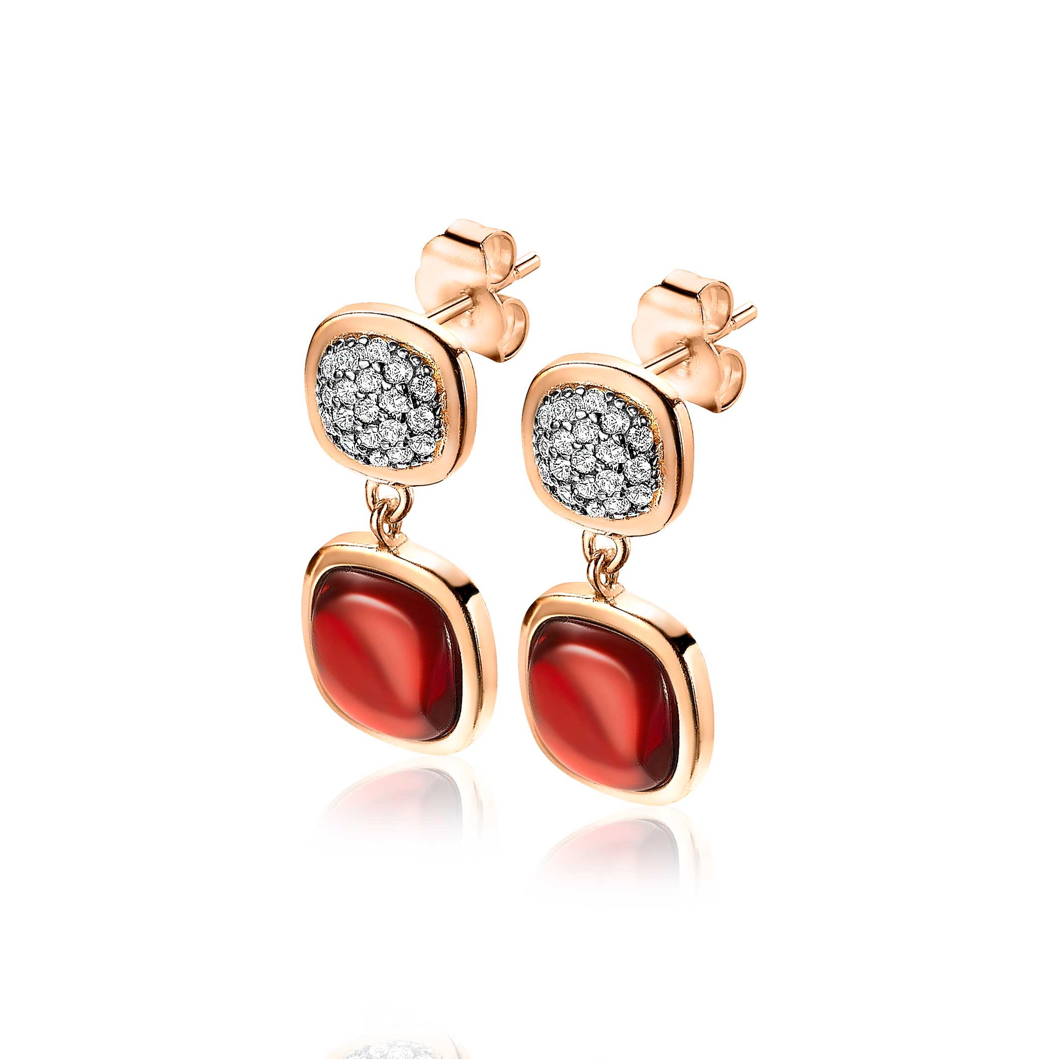 ZINZI Rose Gold Plated Sterling Silver Stud Earrings Square Red White ZIO1717