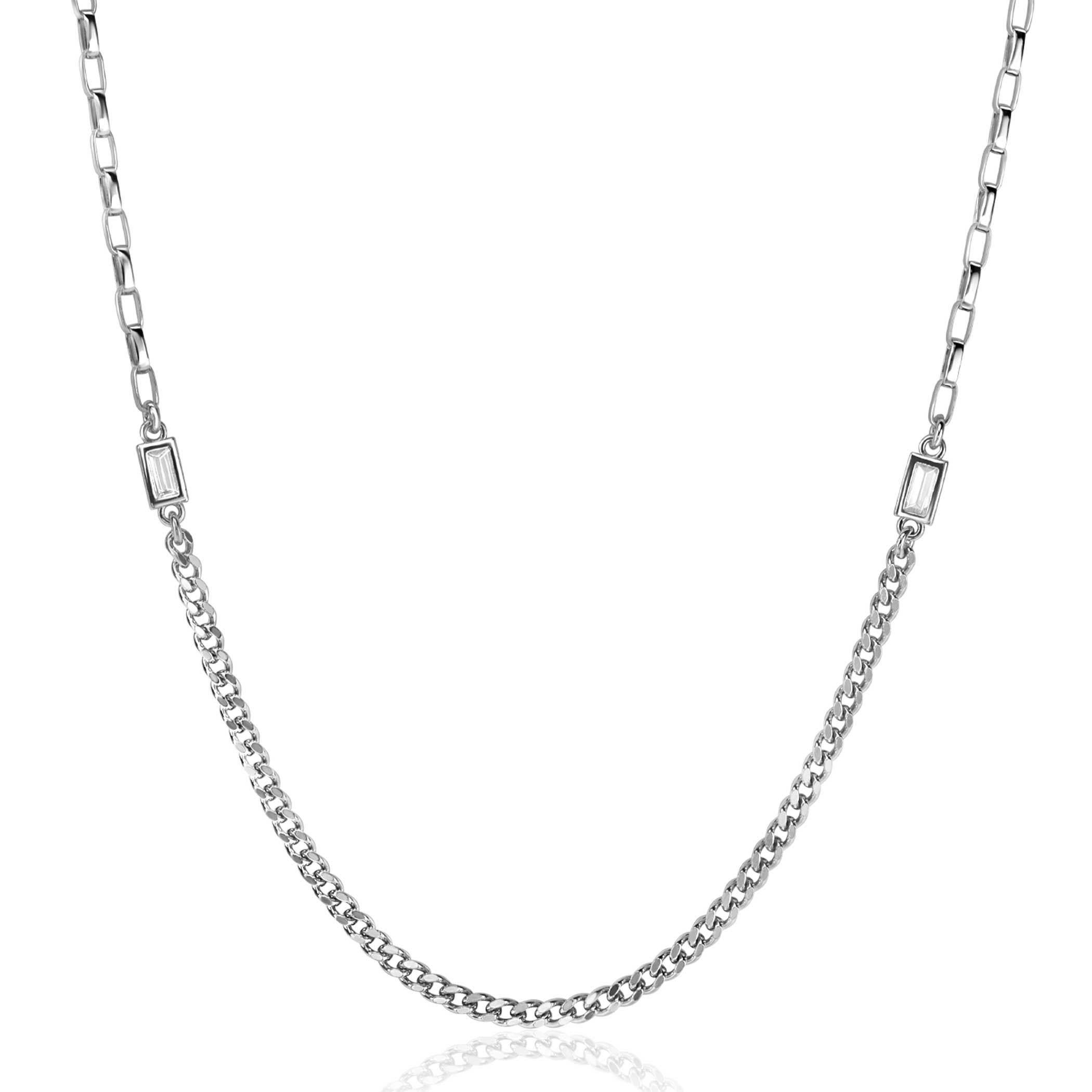 ZINZI Sterling Silver Chain Necklace Curb and Square Chain with Rectangular Setting with White Zirconia 42-45cm ZIC2519