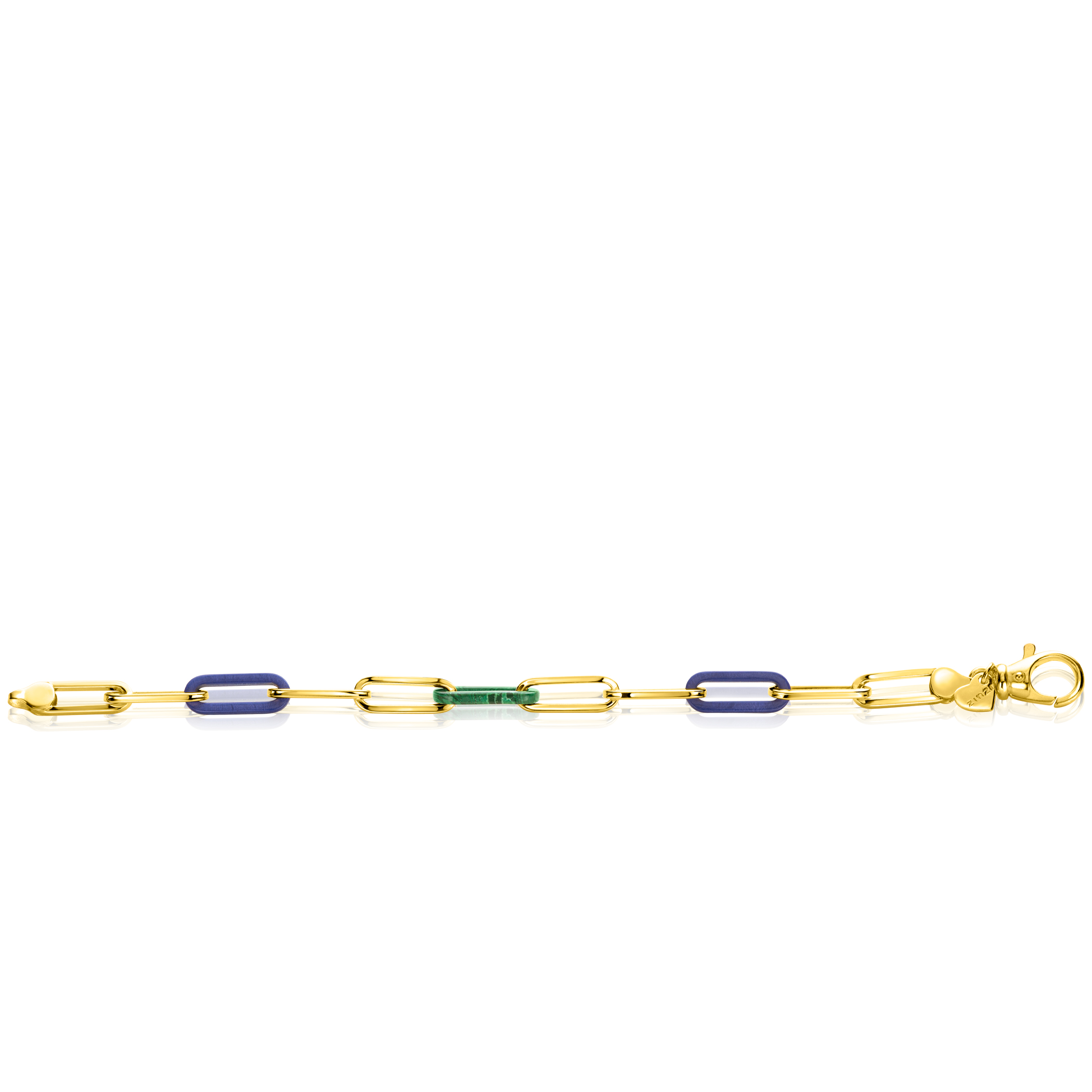 ZINZI Gold Plated Sterling Silver Papeclip Chain Bracelet with Trendy Chains in Lapis Blue and Malachite Green 19cm ZIA2455