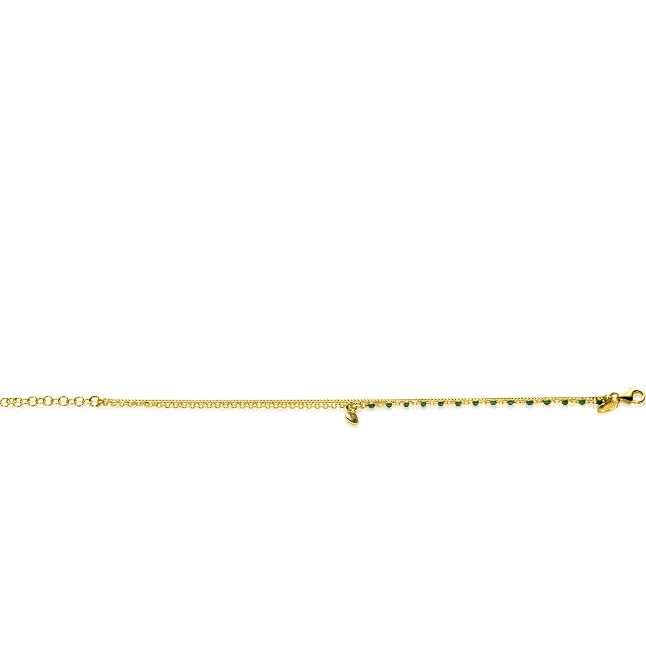 ZINZI Gold Plated Sterling Silver Multi-look Bracelet Curb and Green Bead Chain with Round Setting with Olive Green Color Stone 16,5-19,5cm ZIA2528G